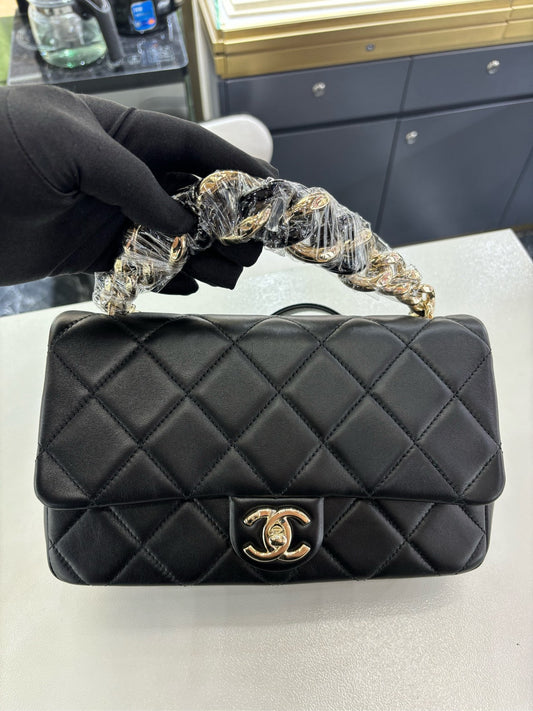 Pre-owned Certified Chanel 22C Mini Flap Chain Top Handle in Black Lambskin with Light Golden Hardware, 2022 microchipped, w/ full set - box, dust bag