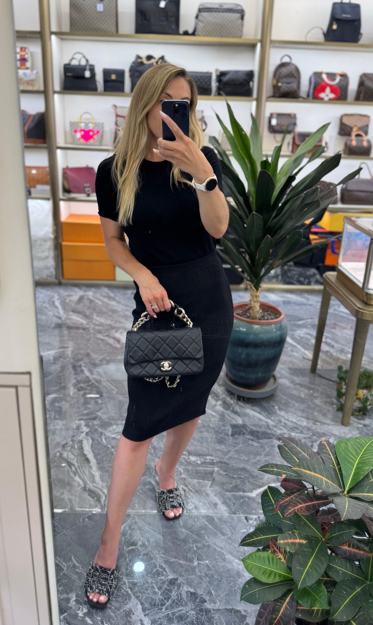 Pre-owned Certified Chanel 22C Mini Flap Chain Top Handle in Black Lambskin with Light Golden Hardware, 2022 microchipped, w/ full set - box, dust bag