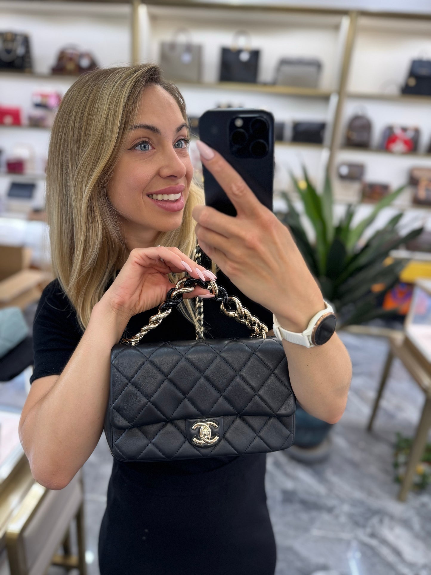 Pre-owned Certified Chanel 22C Mini Flap Chain Top Handle in Black Lambskin with Light Golden Hardware, 2022 microchipped, w/ full set - box, dust bag