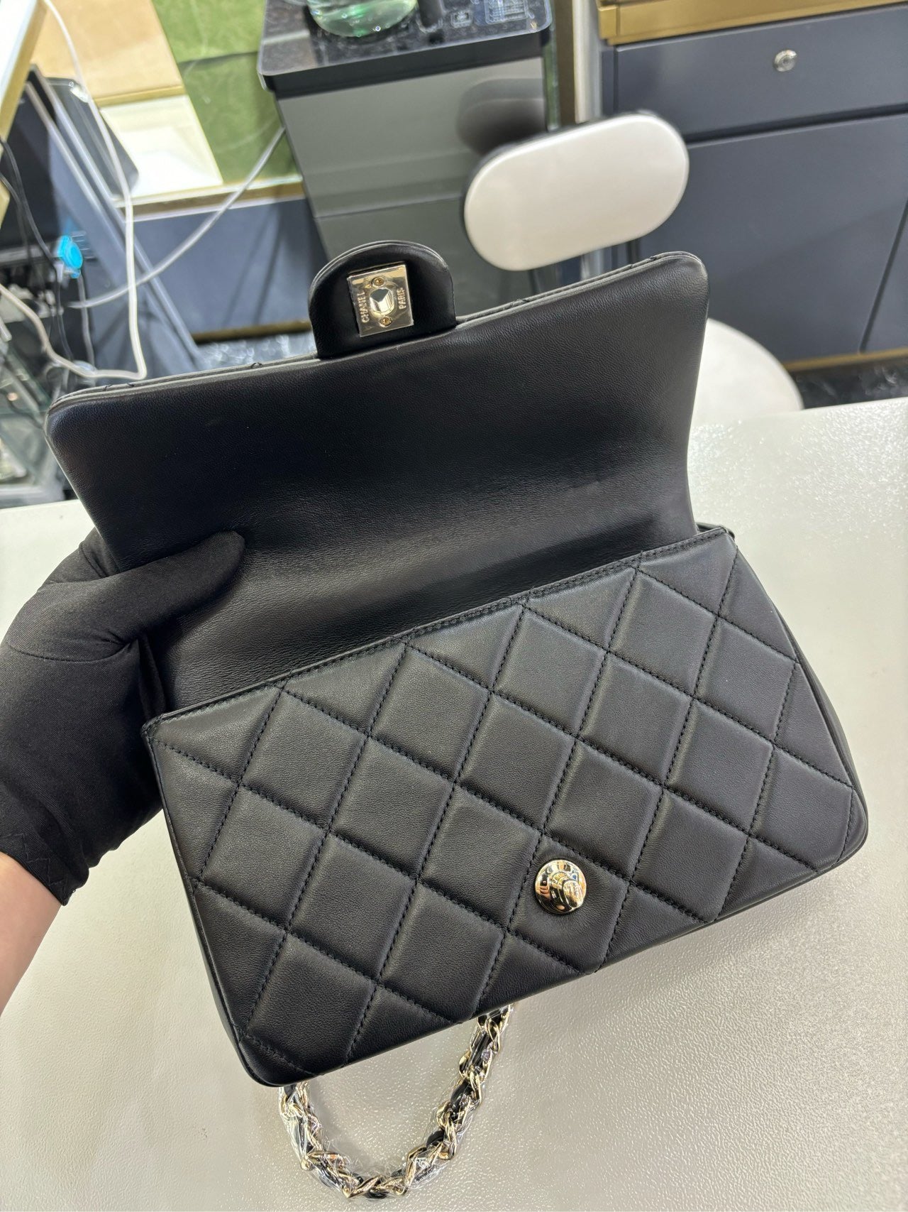 Pre-owned Certified Chanel 22C Mini Flap Chain Top Handle in Black Lambskin with Light Golden Hardware, 2022 microchipped, w/ full set - box, dust bag