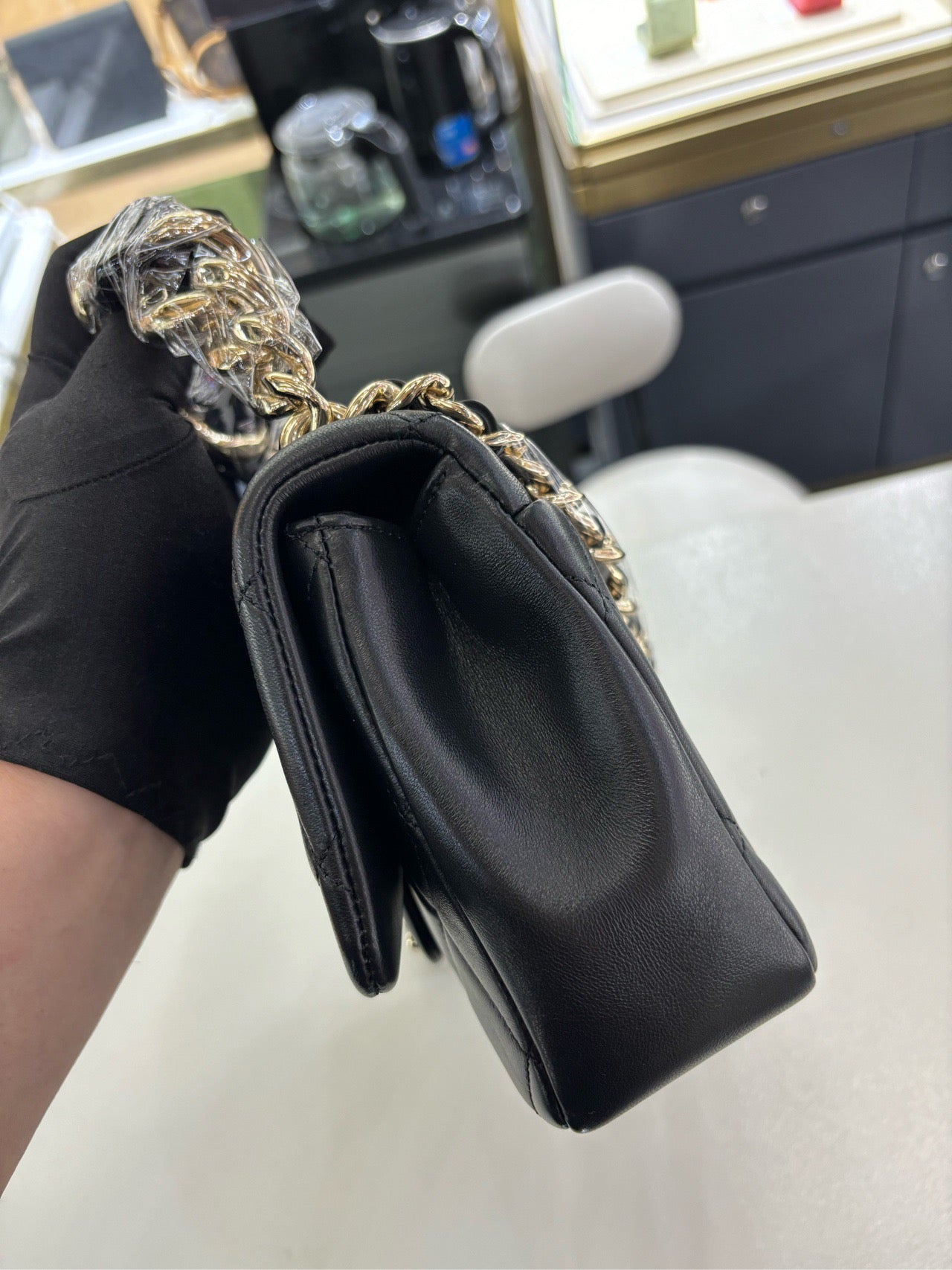Pre-owned Certified Chanel 22C Mini Flap Chain Top Handle in Black Lambskin with Light Golden Hardware, 2022 microchipped, w/ full set - box, dust bag