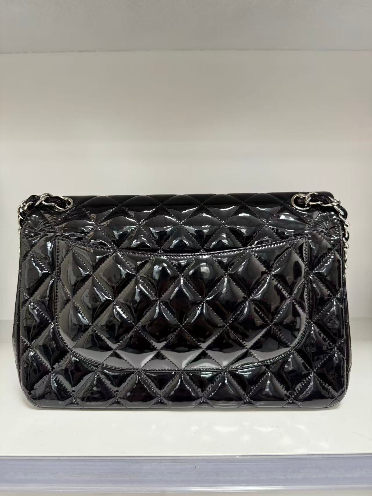 Pre-owned Certified Chanel CF Double Flap Jumbo Black Patent Leather with Silver Hardware, 2013-2014, w/ dust bag