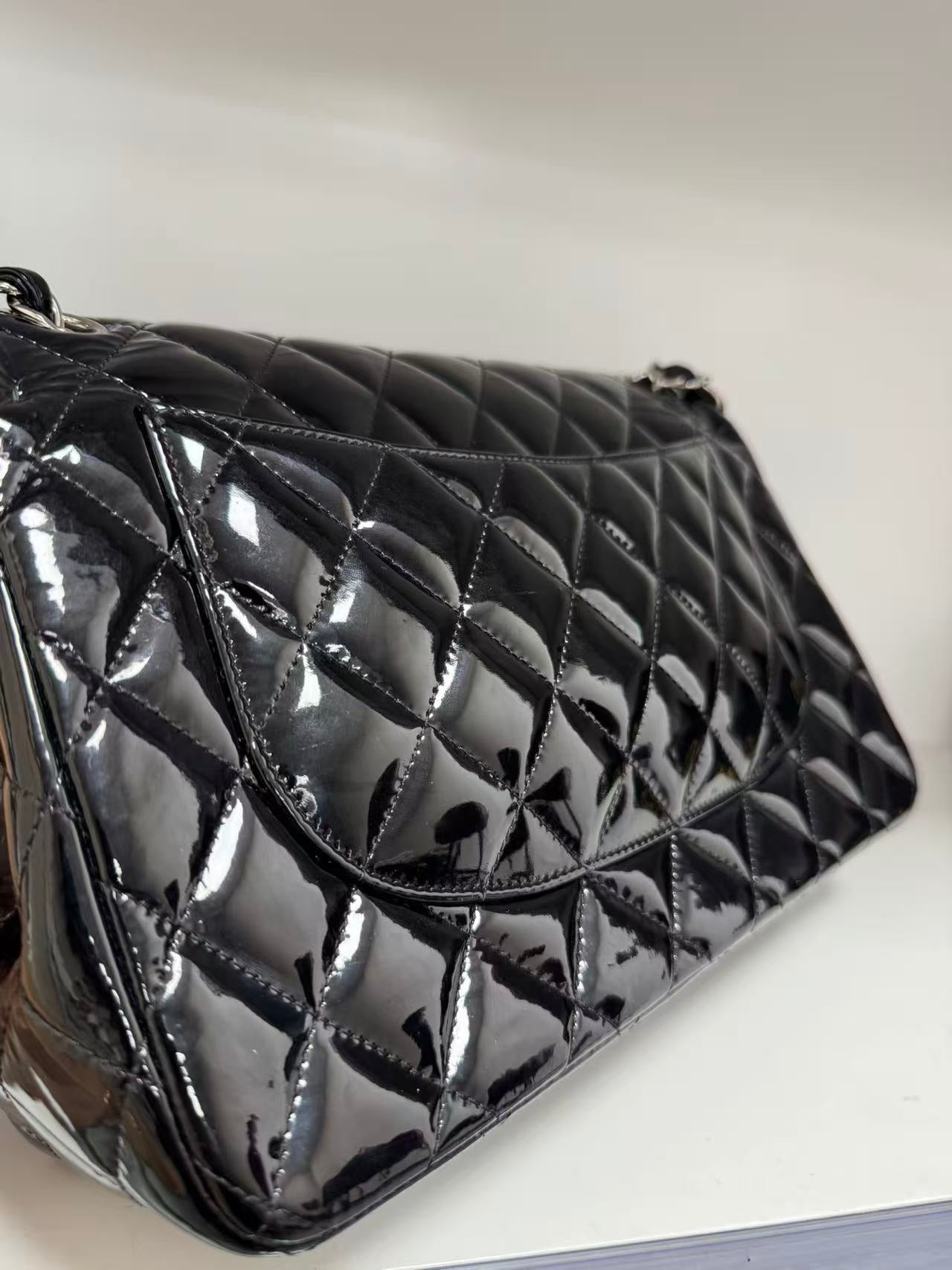 Pre-owned Certified Chanel CF Double Flap Jumbo Black Patent Leather with Silver Hardware, 2013-2014, w/ dust bag