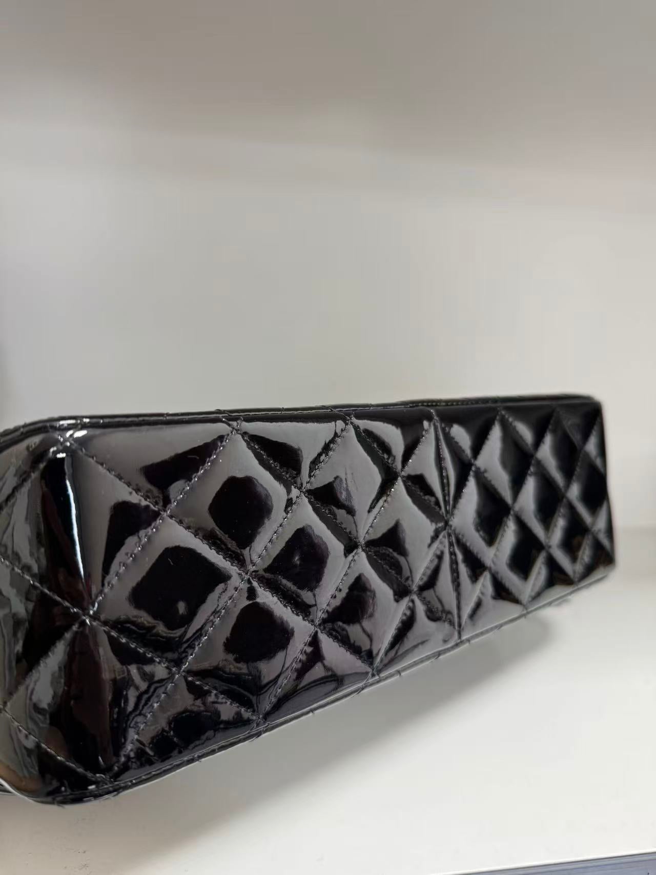 Pre-owned Certified Chanel CF Double Flap Jumbo Black Patent Leather with Silver Hardware, 2013-2014, w/ dust bag