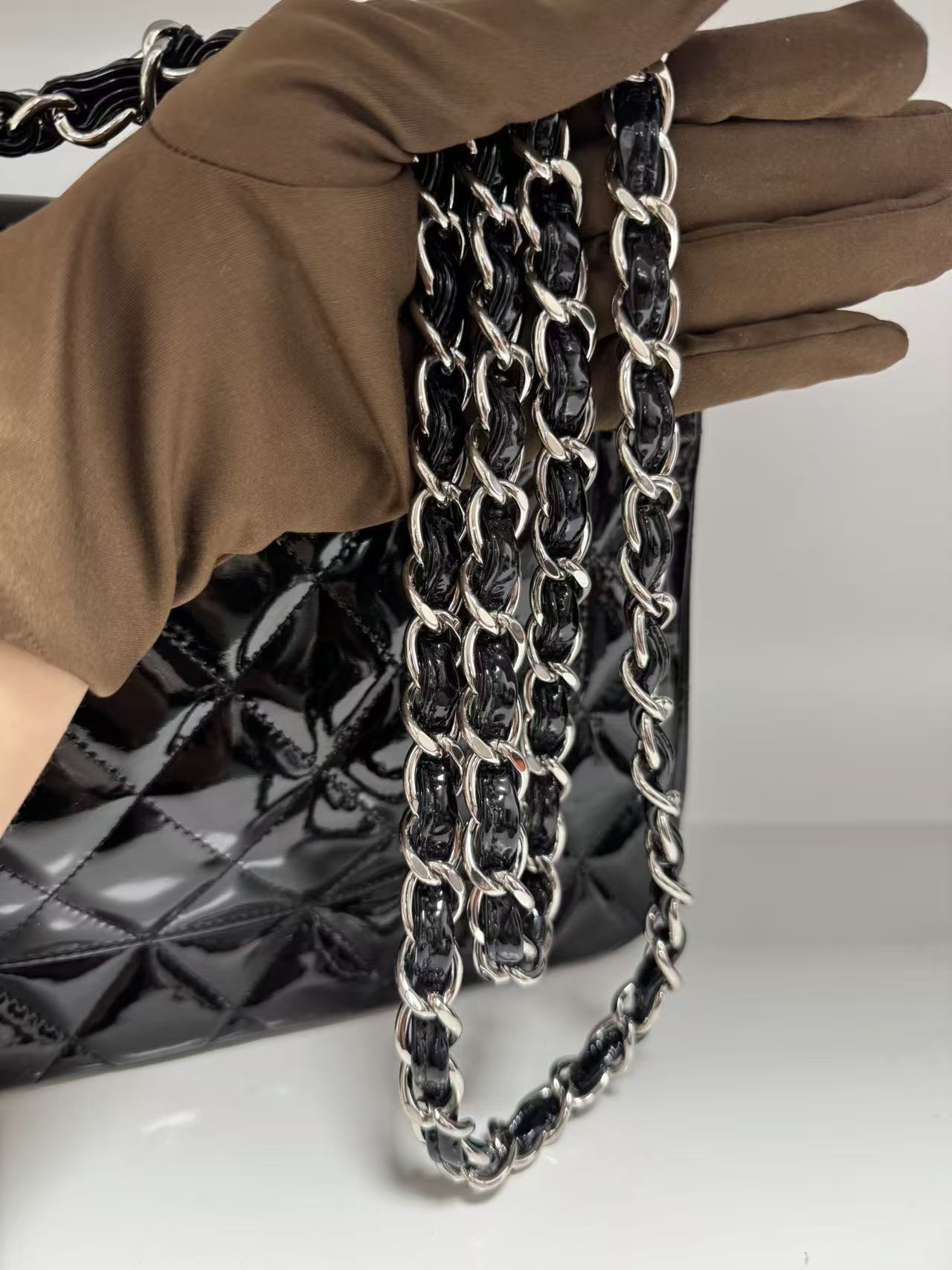 Pre-owned Certified Chanel CF Double Flap Jumbo Black Patent Leather with Silver Hardware, 2013-2014, w/ dust bag