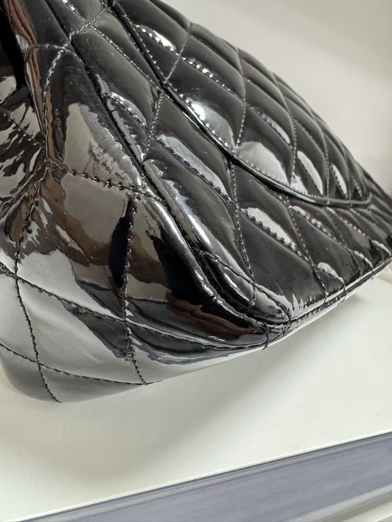 Pre-owned Certified Chanel CF Double Flap Jumbo Black Patent Leather with Silver Hardware, 2013-2014, w/ dust bag