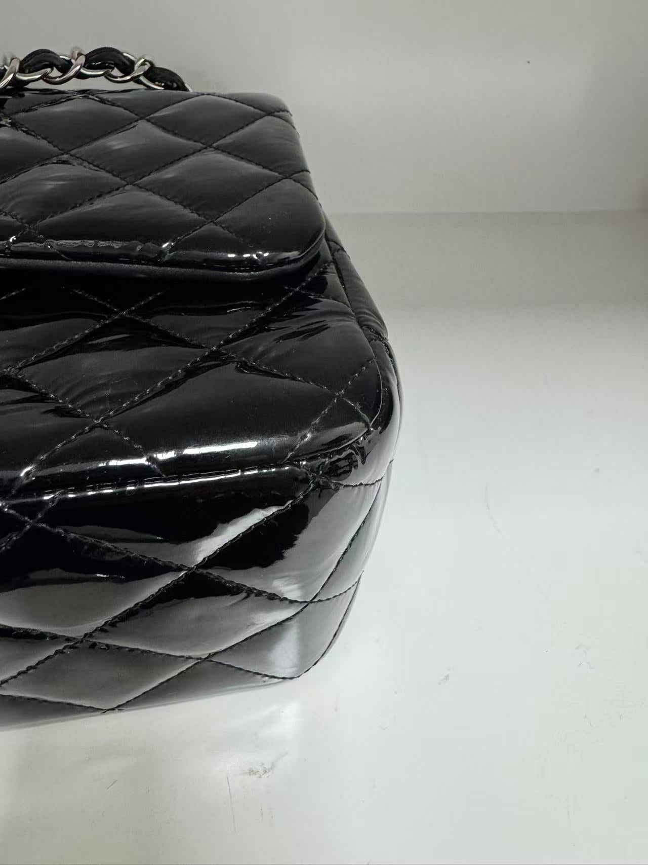 Pre-owned Certified Chanel CF Double Flap Jumbo Black Patent Leather with Silver Hardware, 2013-2014, w/ dust bag