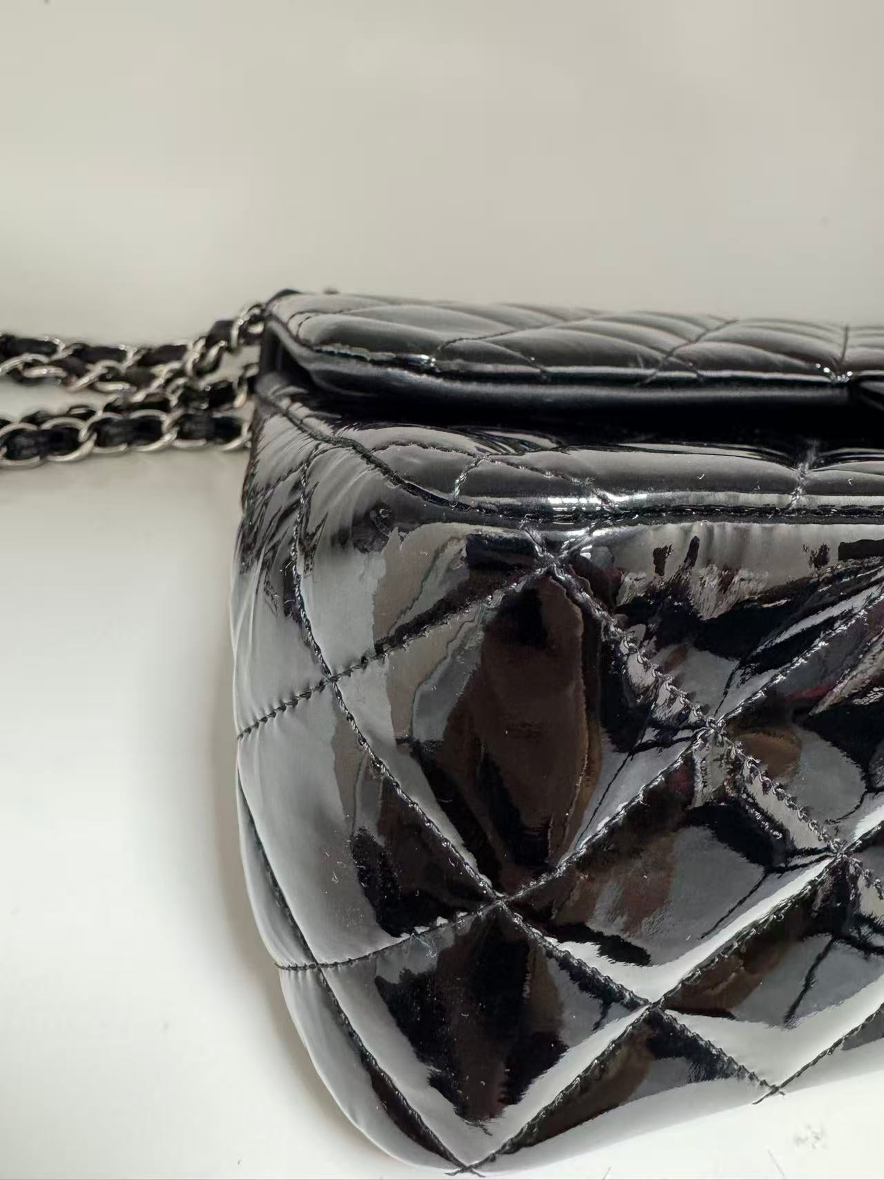 Pre-owned Certified Chanel CF Double Flap Jumbo Black Patent Leather with Silver Hardware, 2013-2014, w/ dust bag
