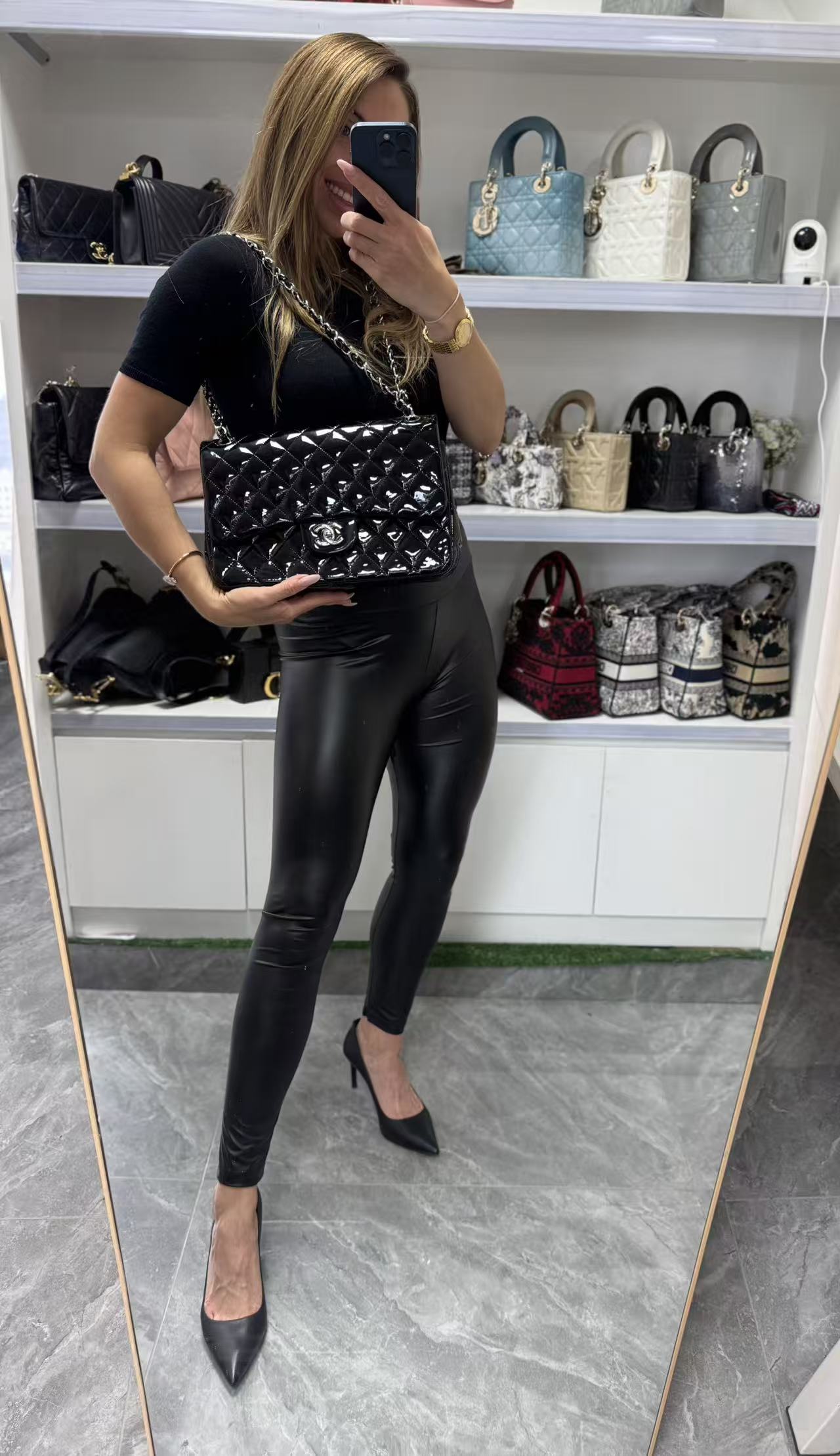Pre-owned Certified Chanel CF Double Flap Jumbo Black Patent Leather with Silver Hardware, 2013-2014, w/ dust bag