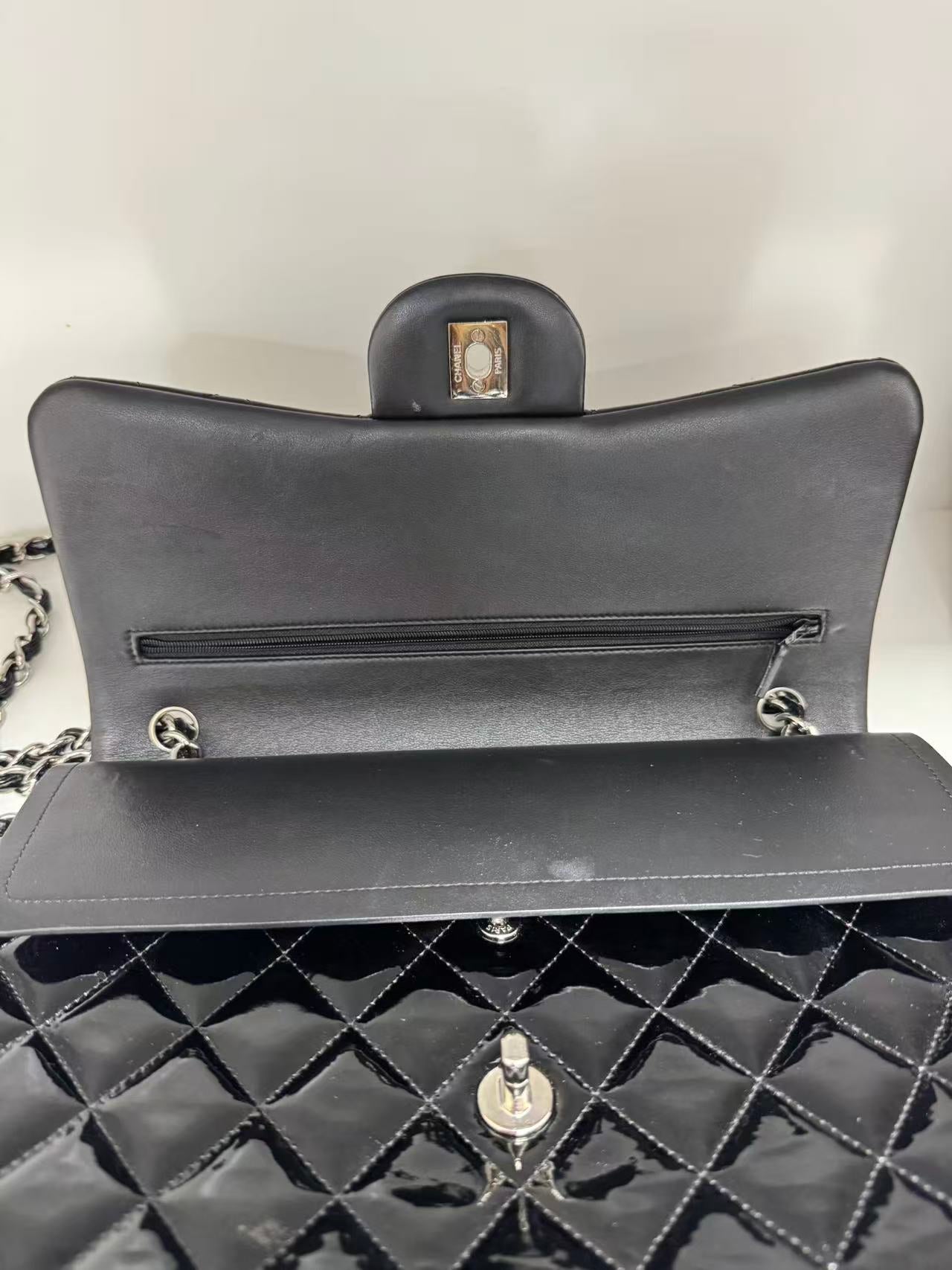 Pre-owned Certified Chanel CF Double Flap Jumbo Black Patent Leather with Silver Hardware, 2013-2014, w/ dust bag