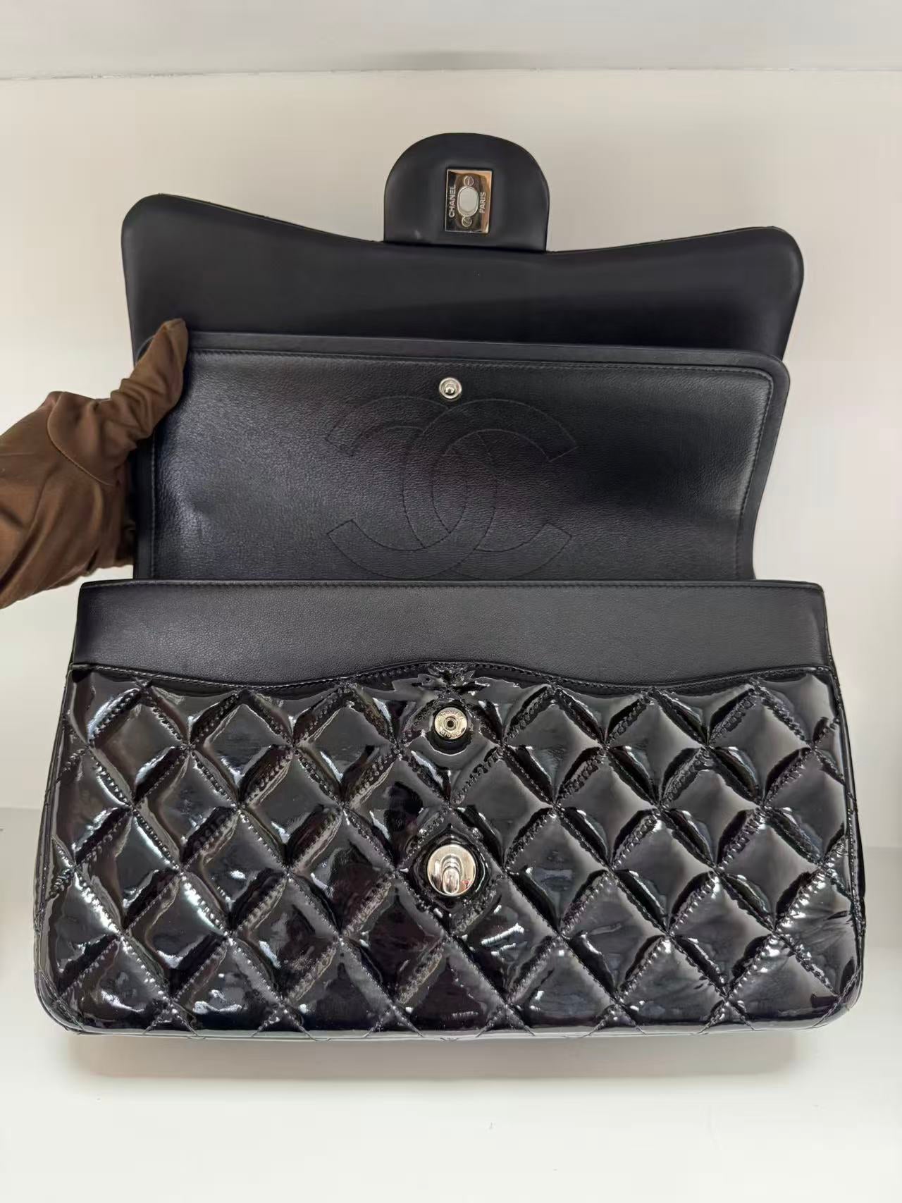 Pre-owned Certified Chanel CF Double Flap Jumbo Black Patent Leather with Silver Hardware, 2013-2014, w/ dust bag