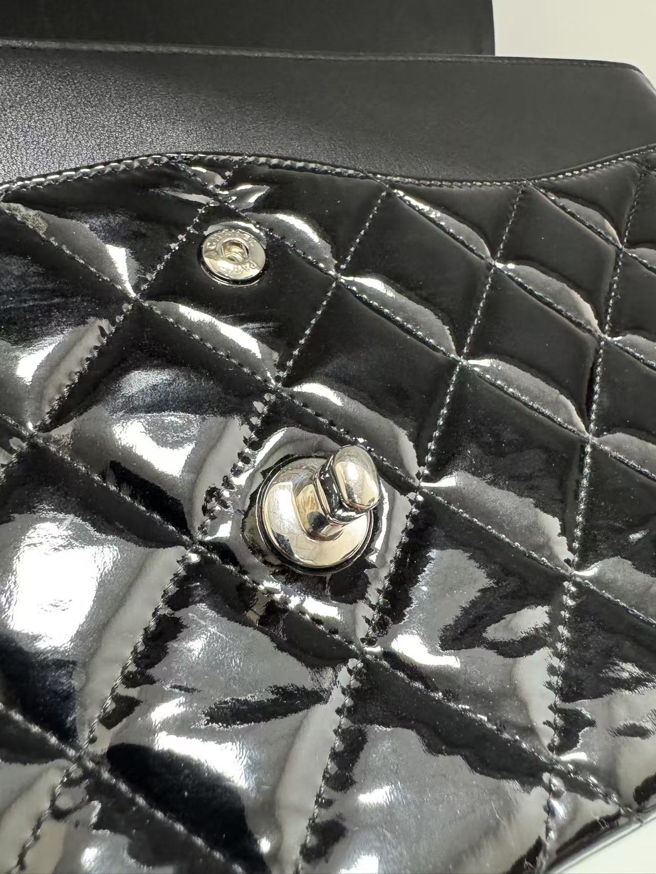 Pre-owned Certified Chanel CF Double Flap Jumbo Black Patent Leather with Silver Hardware, 2013-2014, w/ dust bag