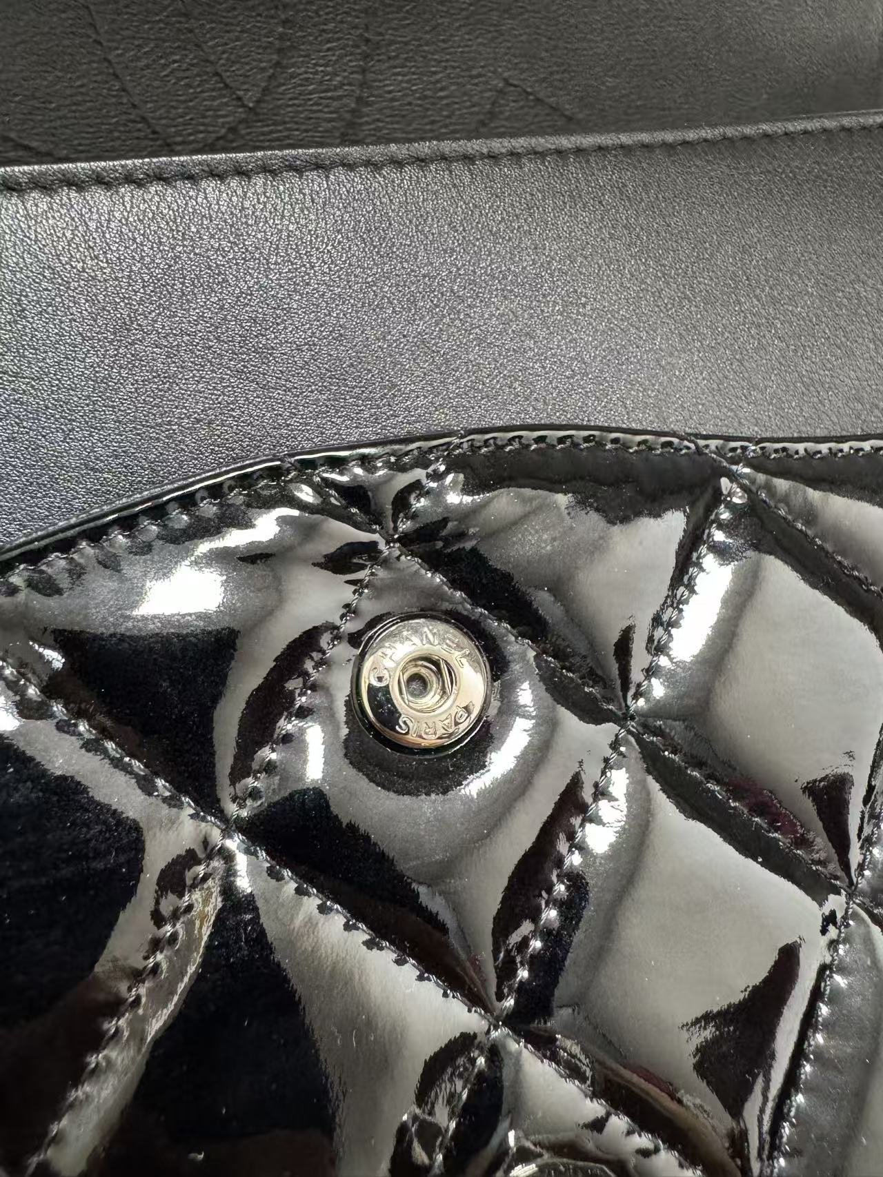 Pre-owned Certified Chanel CF Double Flap Jumbo Black Patent Leather with Silver Hardware, 2013-2014, w/ dust bag