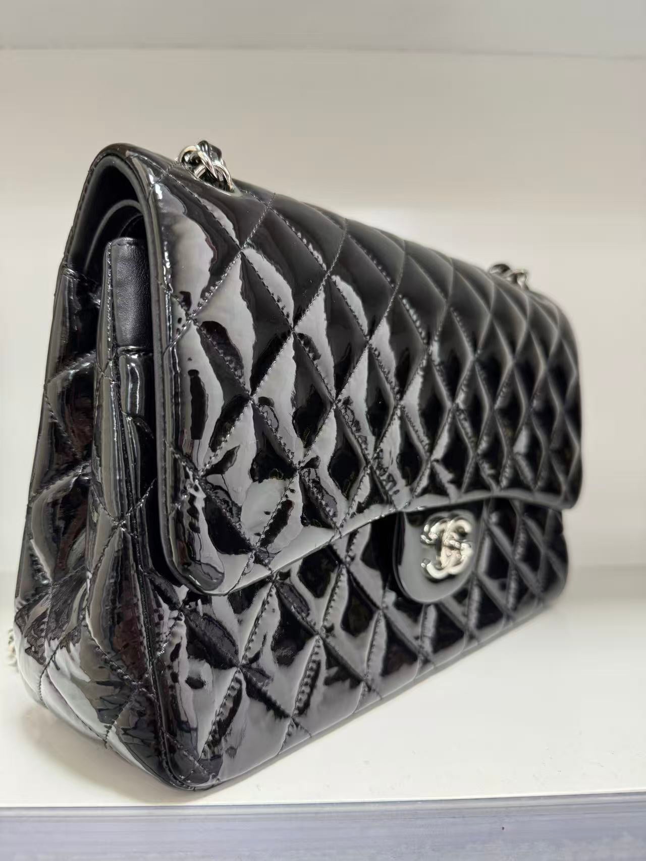 Pre-owned Certified Chanel CF Double Flap Jumbo Black Patent Leather with Silver Hardware, 2013-2014, w/ dust bag