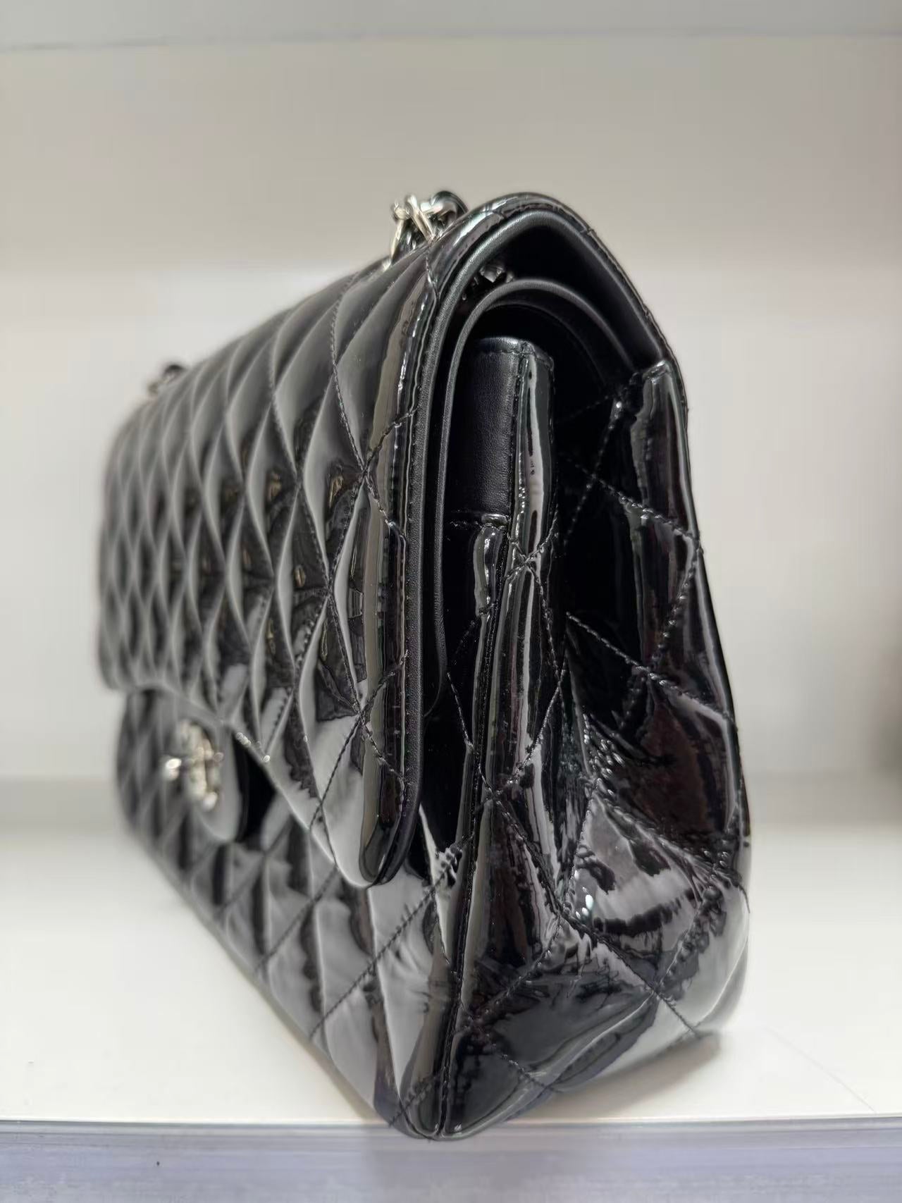 Pre-owned Certified Chanel CF Double Flap Jumbo Black Patent Leather with Silver Hardware, 2013-2014, w/ dust bag
