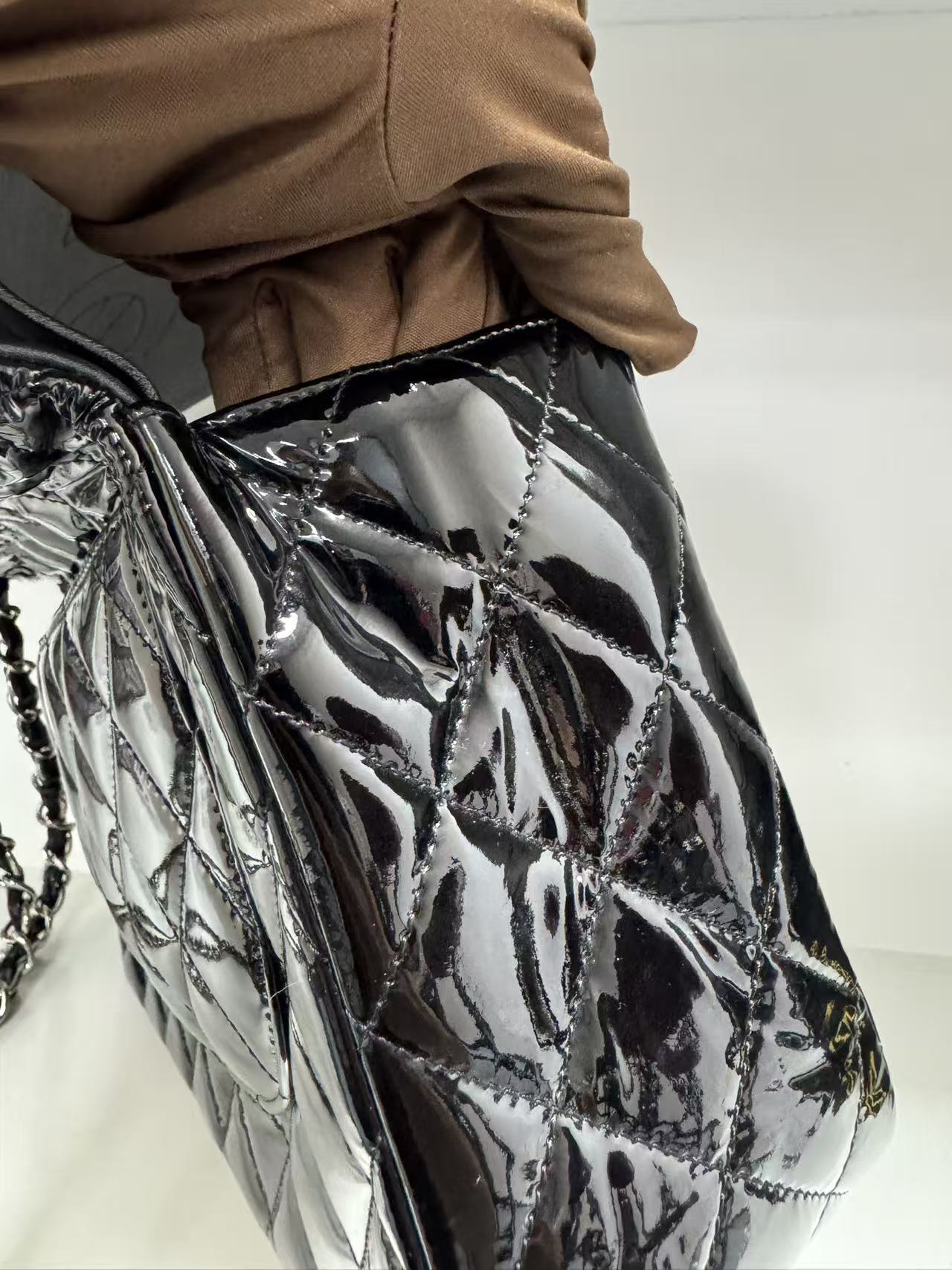 Pre-owned Certified Chanel CF Double Flap Jumbo Black Patent Leather with Silver Hardware, 2013-2014, w/ dust bag