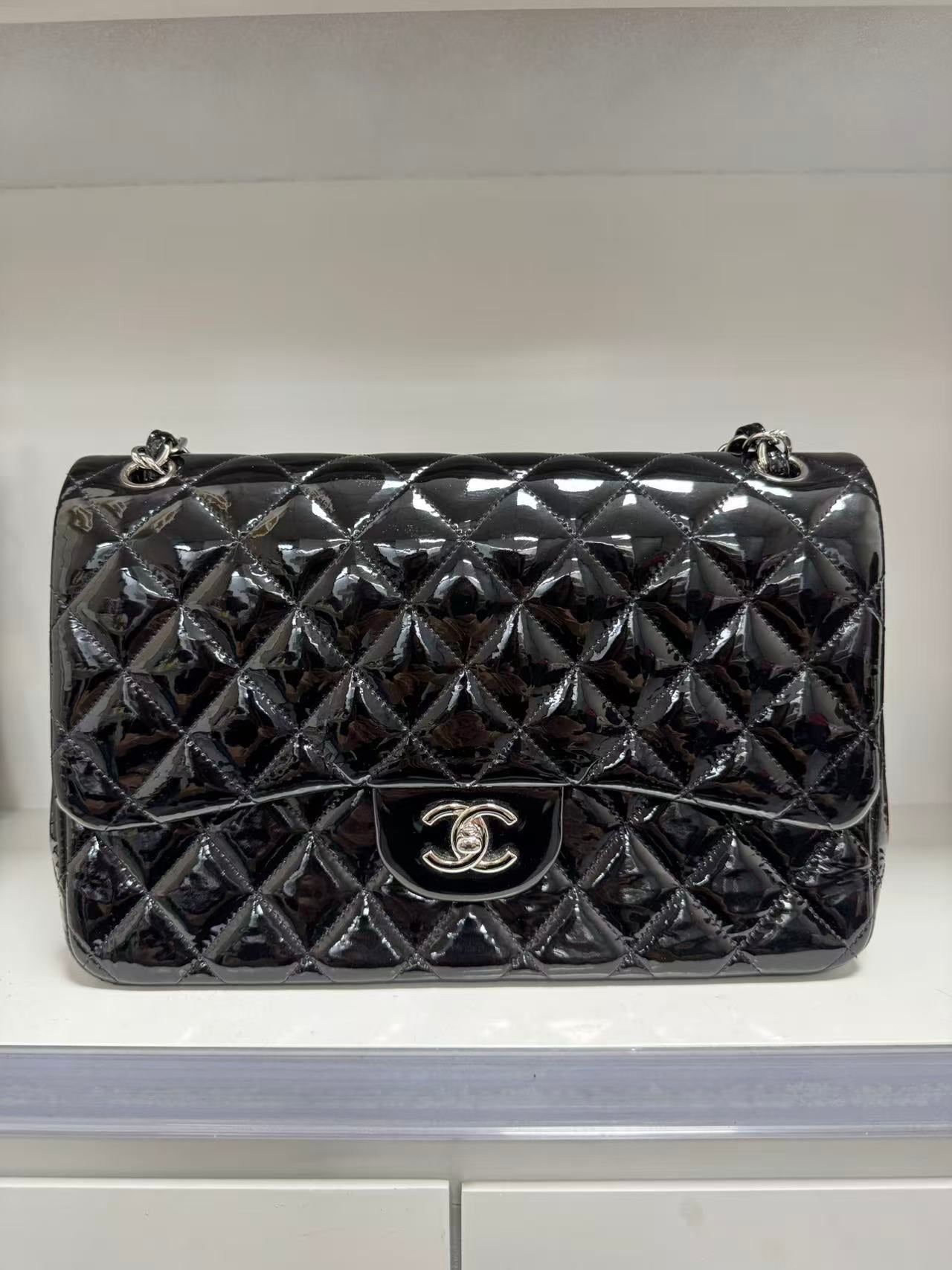 Pre-owned Certified Chanel CF Double Flap Jumbo Black Patent Leather with Silver Hardware, 2013-2014, w/ dust bag