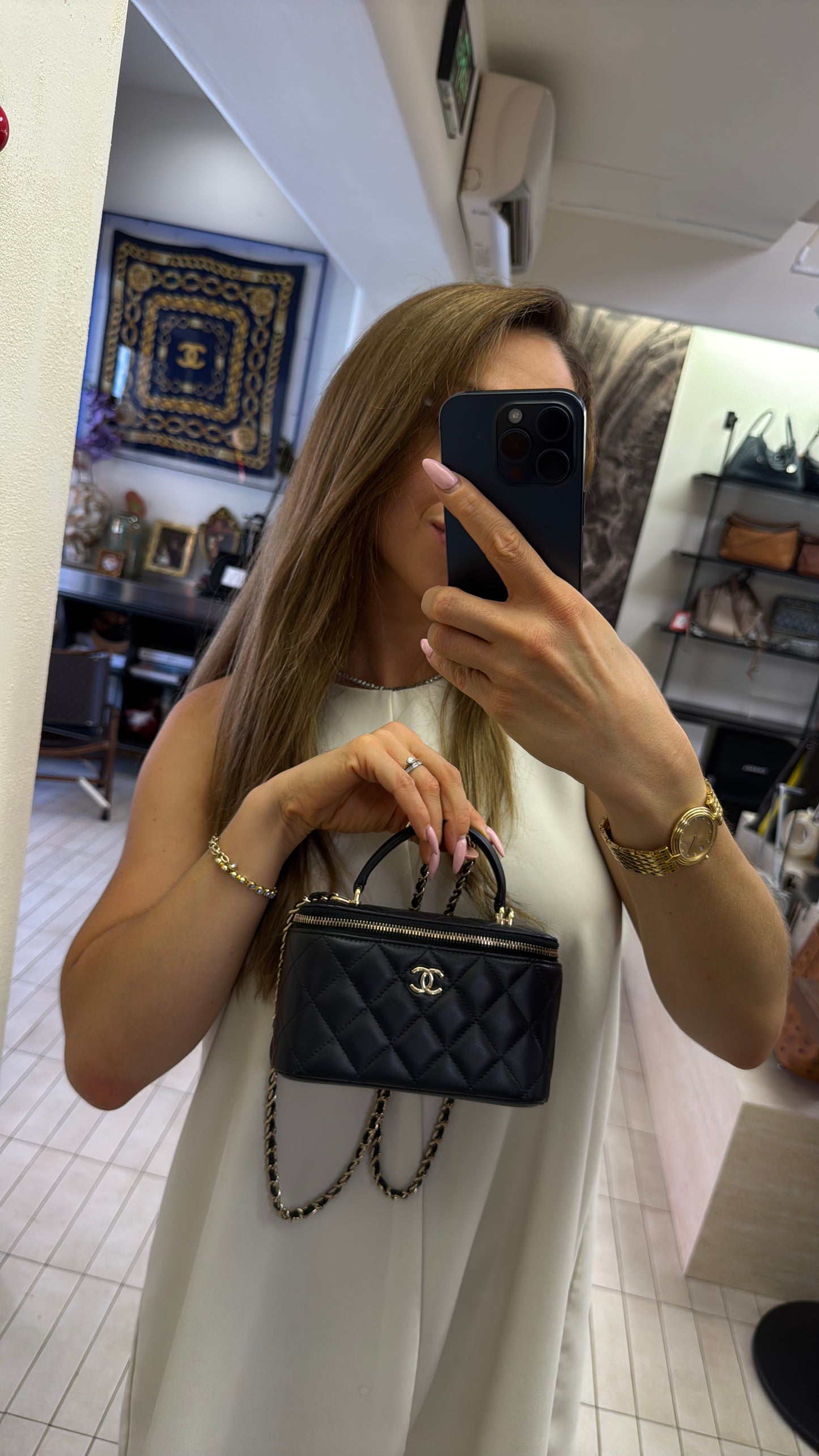 Pre-owned Certified Chanel Classic Vanity Case Top Handle Black Lambskin Light Golden Hardware, 2021, w/ Full Set