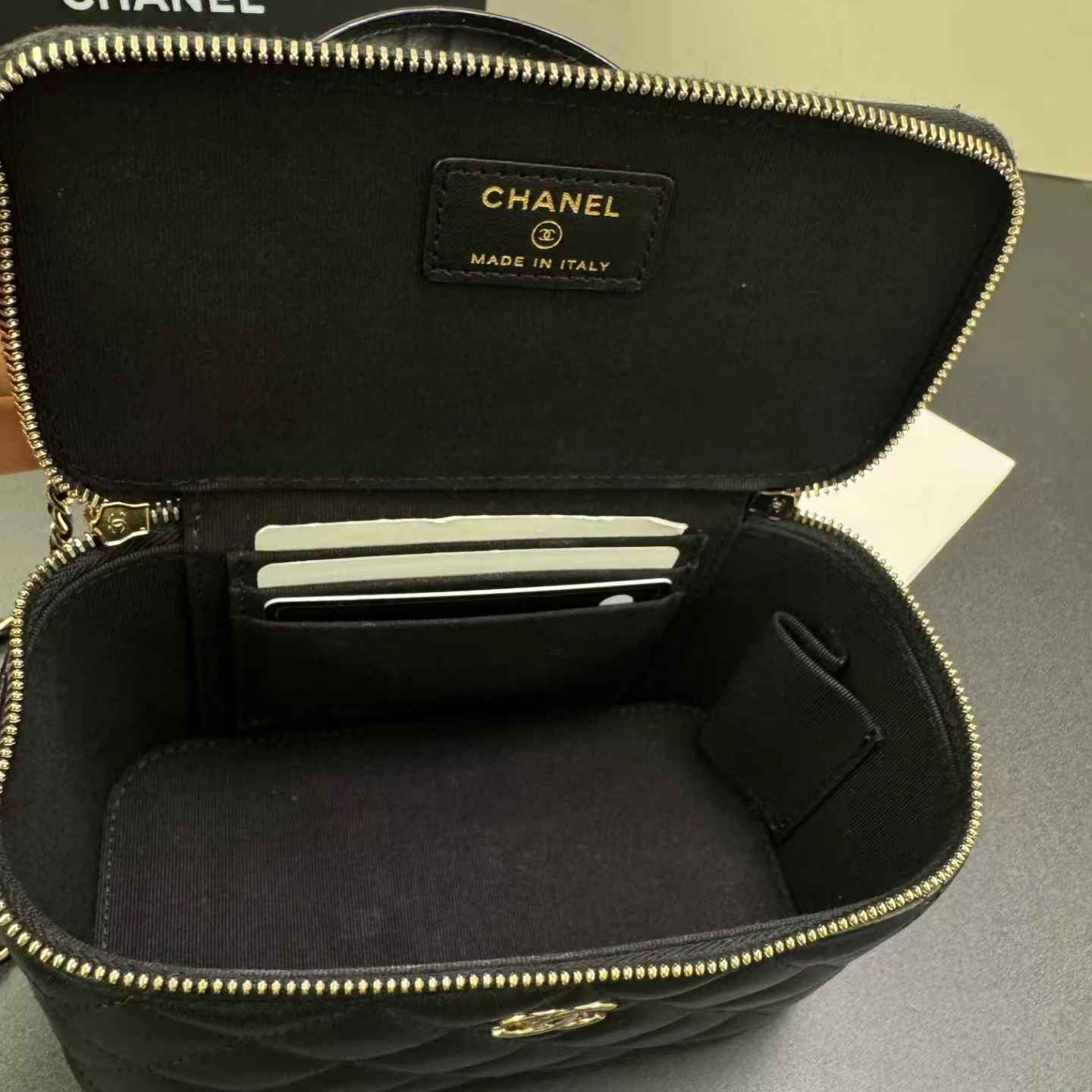Pre-owned Certified Chanel Classic Vanity Case Top Handle Black Lambskin Light Golden Hardware, 2021, w/ Full Set