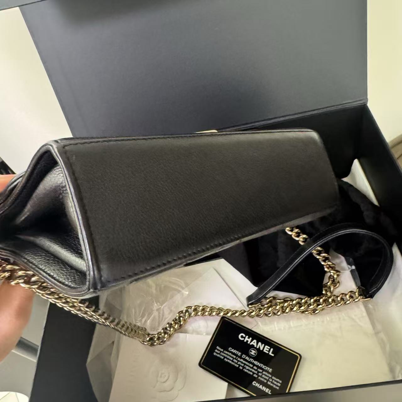 Pre-owned Chanel Clic Flap Small in Black Calfskin with Champagne Golden Hardware, 2017, Full Set