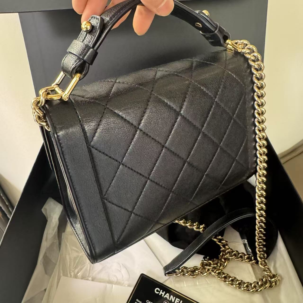 Pre-owned Chanel Clic Flap Small in Black Calfskin with Champagne Golden Hardware, 2017, Full Set