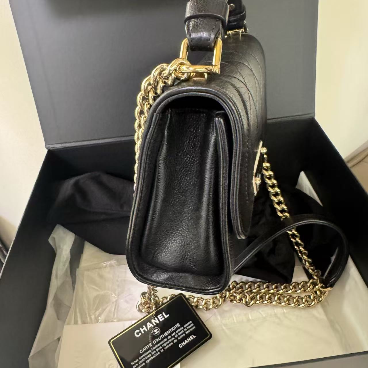 Pre-owned Chanel Clic Flap Small in Black Calfskin with Champagne Golden Hardware, 2017, Full Set