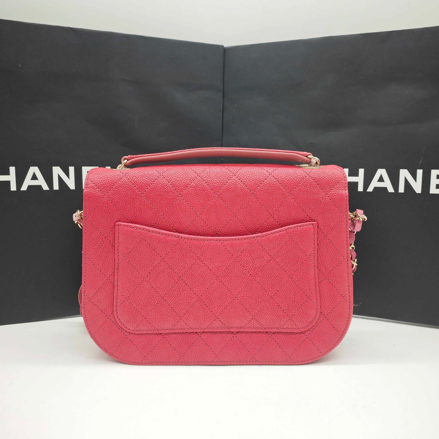 Pre-owned Certified Chanel Coco Cuba Flap Top Handle Coral Red Caviar Leather Golden Hardware, 2018, w/ Chanel box, dust bag