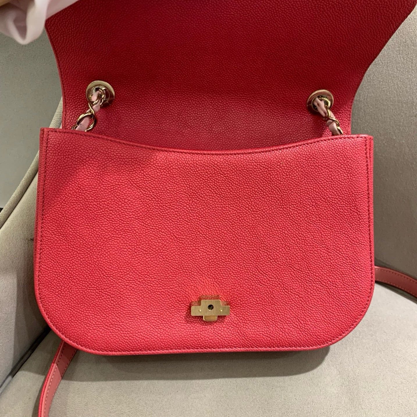 Pre-owned Certified Chanel Coco Cuba Flap Top Handle Coral Red Caviar Leather Golden Hardware, 2018, w/ Chanel box, dust bag