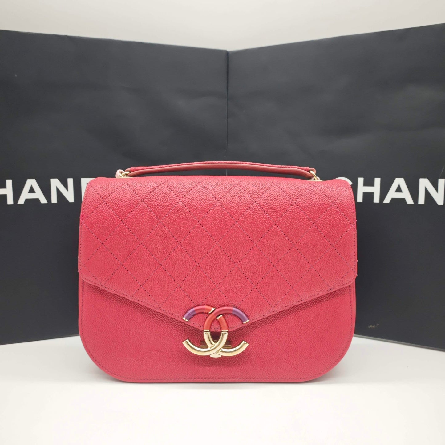 Pre-owned Certified Chanel Coco Cuba Flap Top Handle Coral Red Caviar Leather Golden Hardware, 2018, w/ Chanel box, dust bag