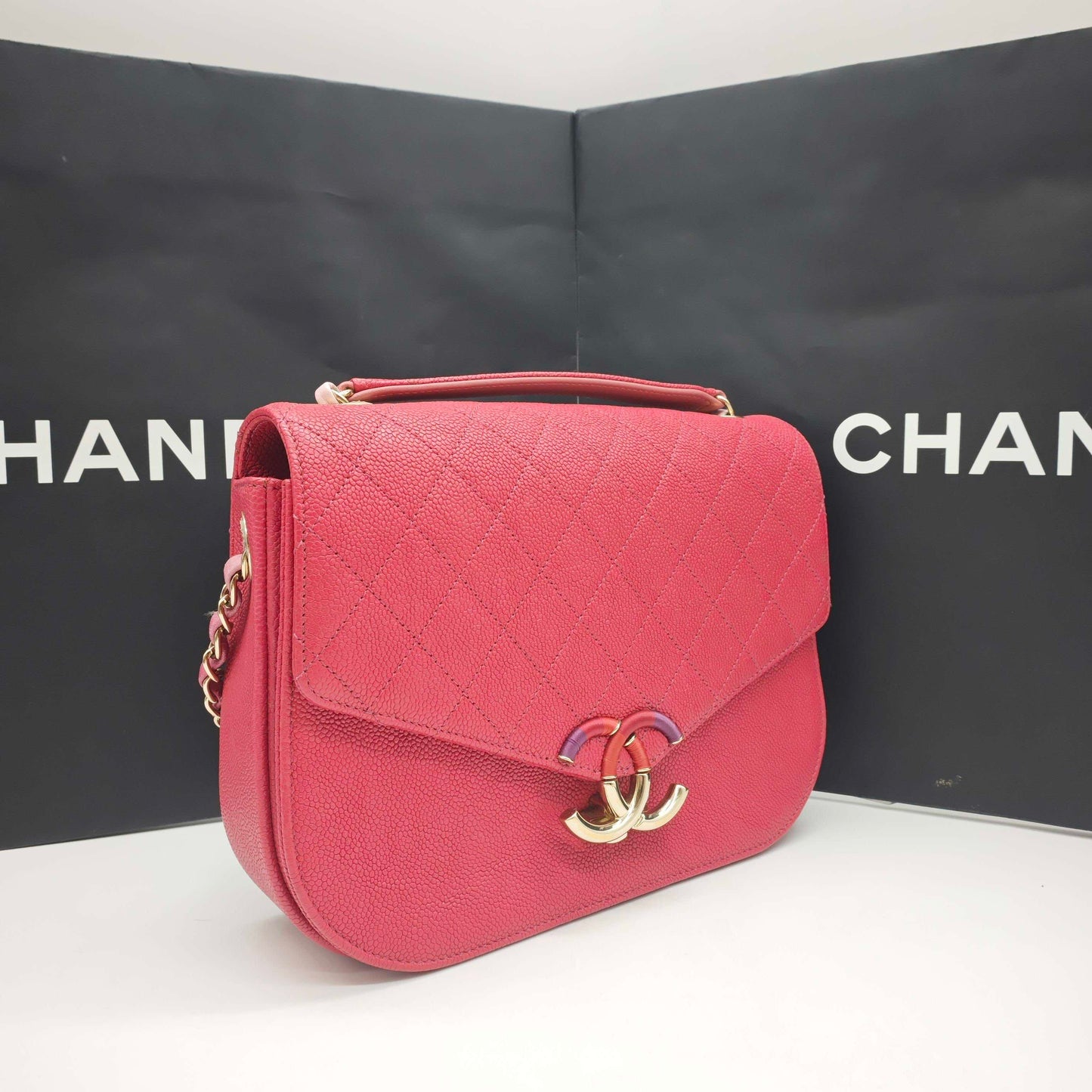 Pre-owned Certified Chanel Coco Cuba Flap Top Handle Coral Red Caviar Leather Golden Hardware, 2018, w/ Chanel box, dust bag
