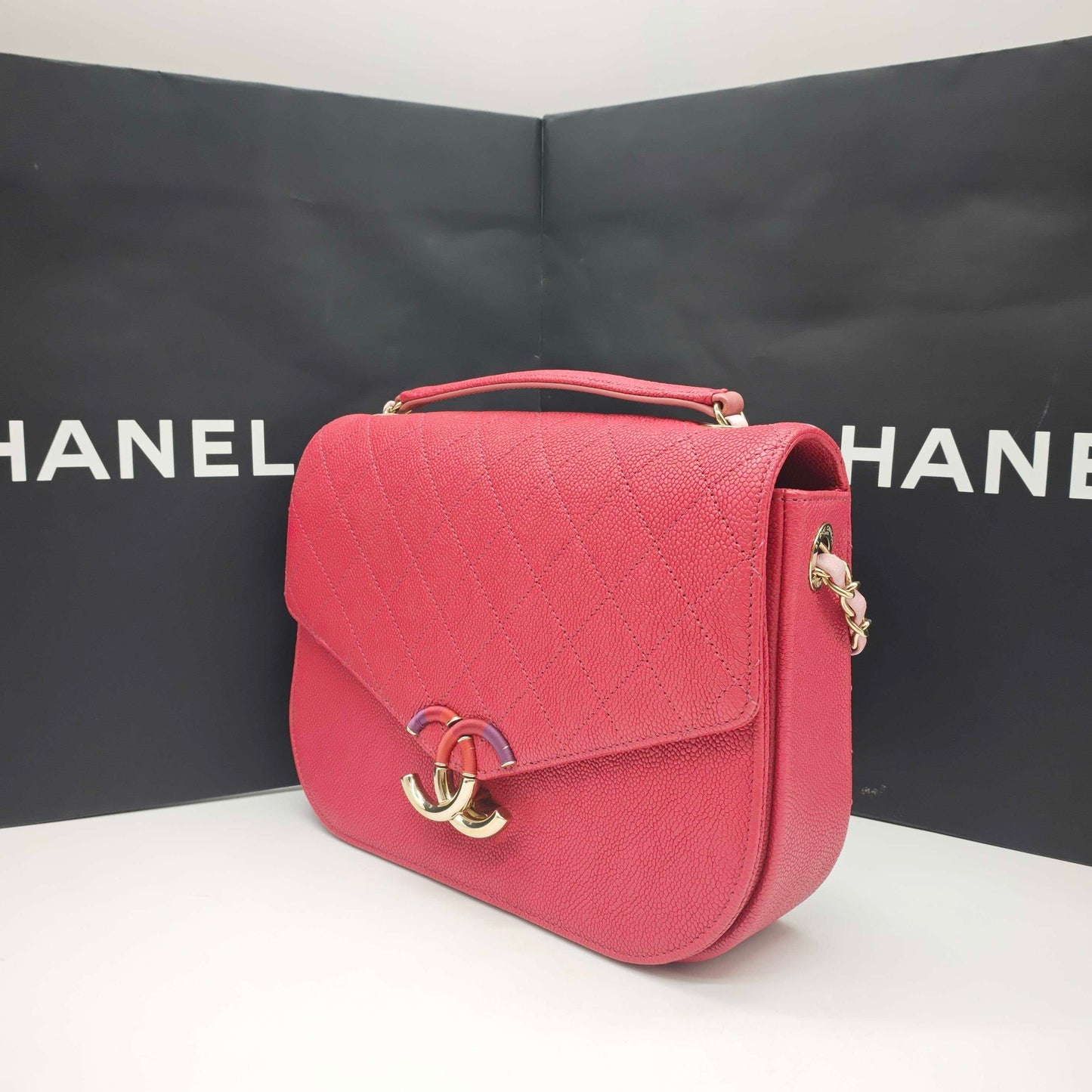 Pre-owned Certified Chanel Coco Cuba Flap Top Handle Coral Red Caviar Leather Golden Hardware, 2018, w/ Chanel box, dust bag