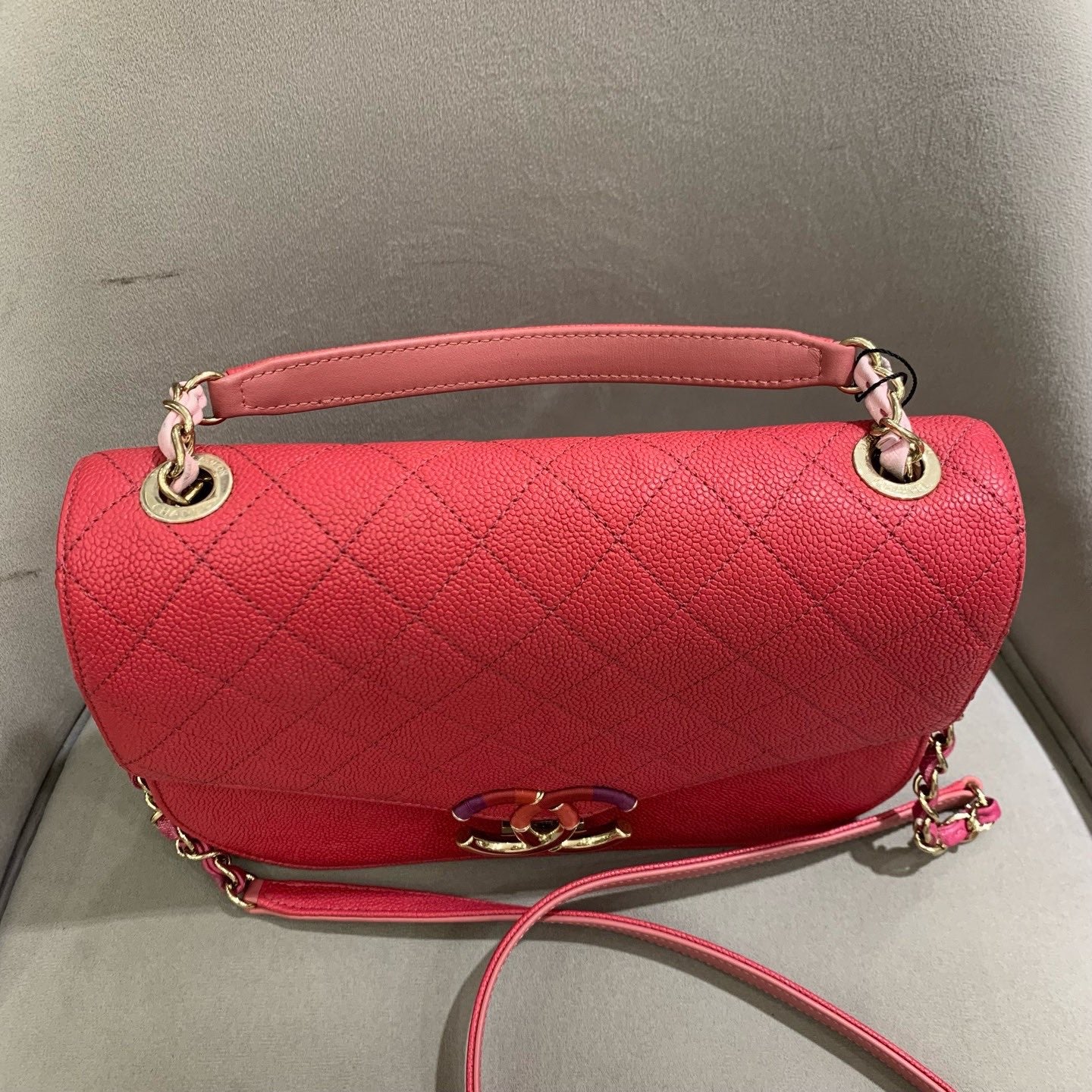 Pre-owned Certified Chanel Coco Cuba Flap Top Handle Coral Red Caviar Leather Golden Hardware, 2018, w/ Chanel box, dust bag
