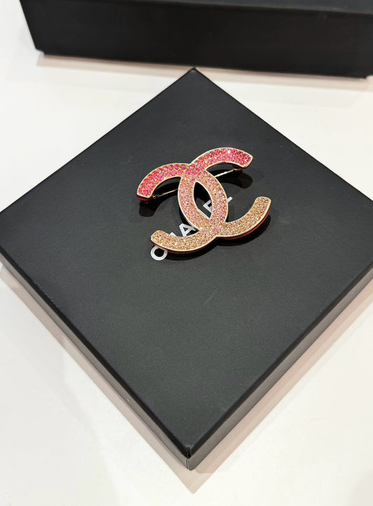 Pre-owned Certified Chanel Double CC Brooch with Gradient Pink Crystals, w/ box