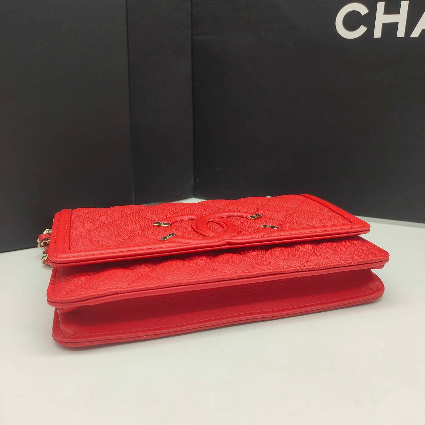 Pre-owned Certified Chanel Filigree WOC Wallet On Chain Red Caviar Leather Golden Hardware, 2019-2020 Like New, w/ dust bag, Chanel card