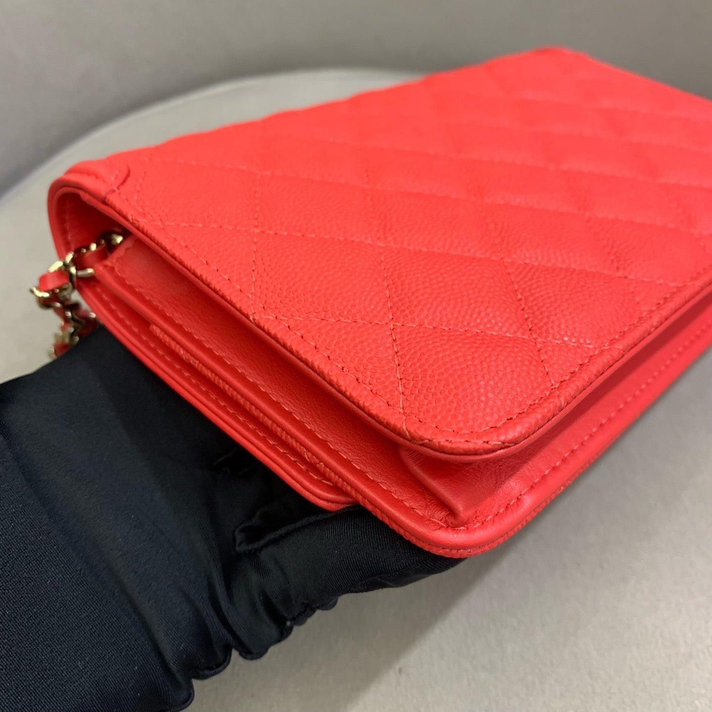 Pre-owned Certified Chanel Filigree WOC Wallet On Chain Red Caviar Leather Golden Hardware, 2019-2020 Like New, w/ dust bag, Chanel card