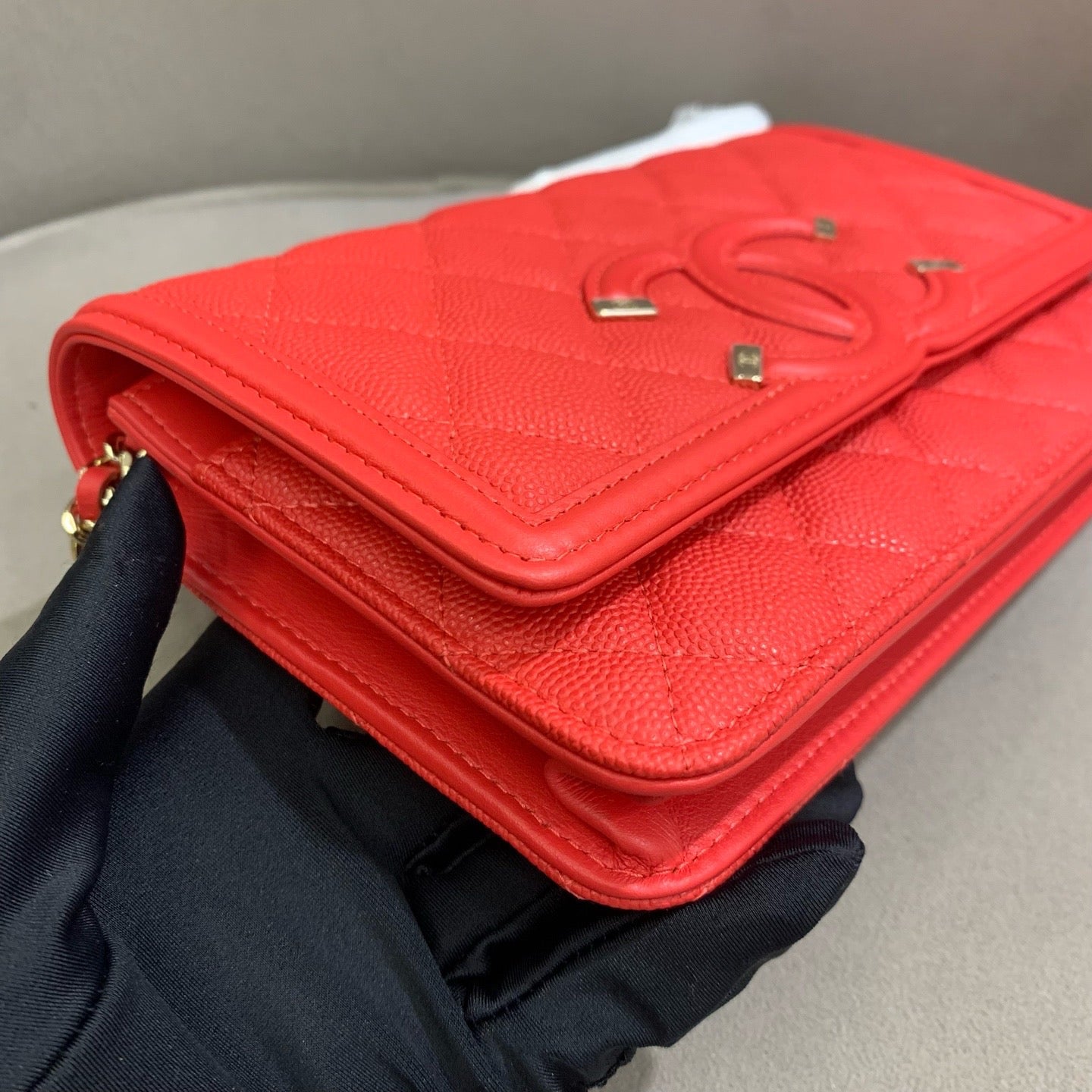 Pre-owned Certified Chanel Filigree WOC Wallet On Chain Red Caviar Leather Golden Hardware, 2019-2020 Like New, w/ dust bag, Chanel card