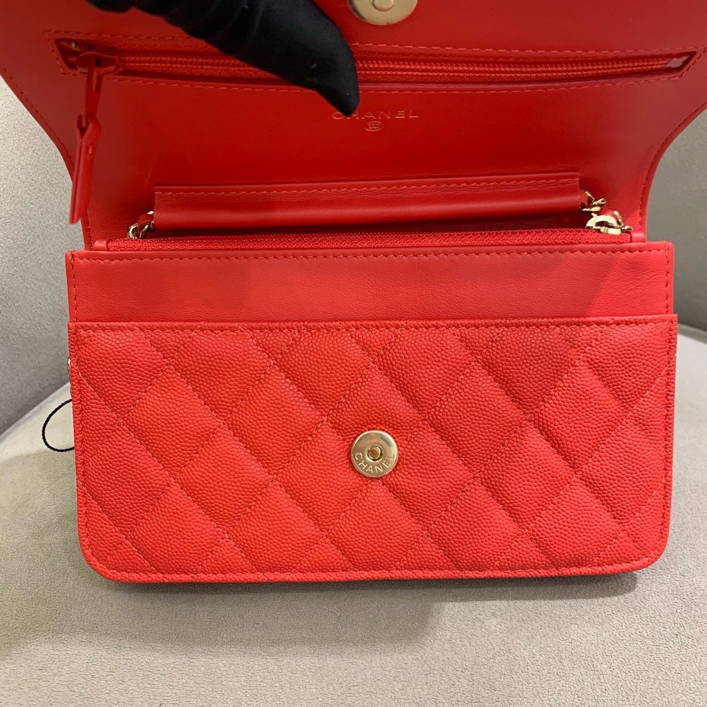 Pre-owned Certified Chanel Filigree WOC Wallet On Chain Red Caviar Leather Golden Hardware, 2019-2020 Like New, w/ dust bag, Chanel card
