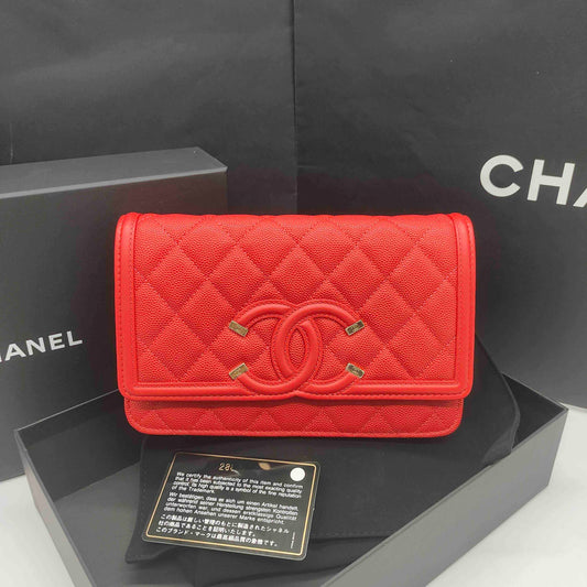 Pre-owned Certified Chanel Filigree WOC Wallet On Chain Red Caviar Leather Golden Hardware, 2019-2020 Like New, w/ dust bag, Chanel card