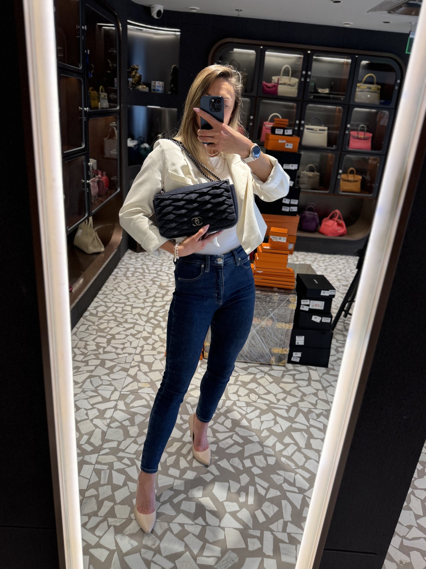 Pre-owned Chanel Pleated Denim Turtle Flap Black Hardware, 2016, Full Set