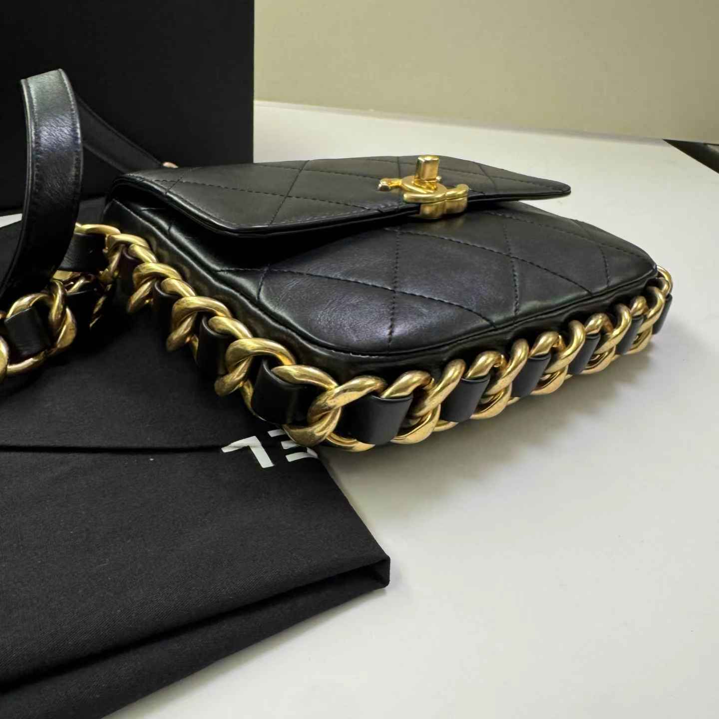 Pre-owned Certified Chanel Framing Chain Flap Black Calfskin Golden Hardware, 2024 Microchipped, w/ Full Set