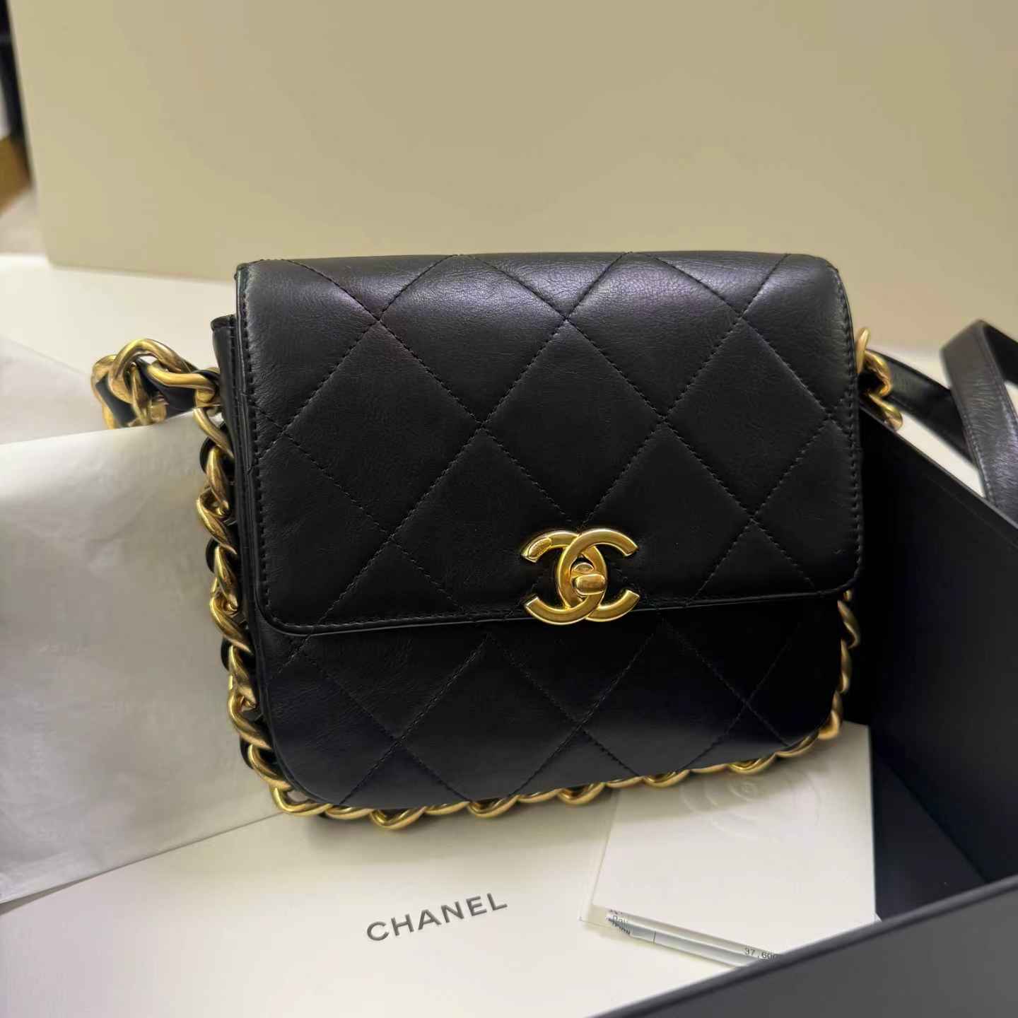 Pre-owned Certified Chanel Framing Chain Flap Black Calfskin Golden Hardware, 2024 Microchipped, w/ Full Set