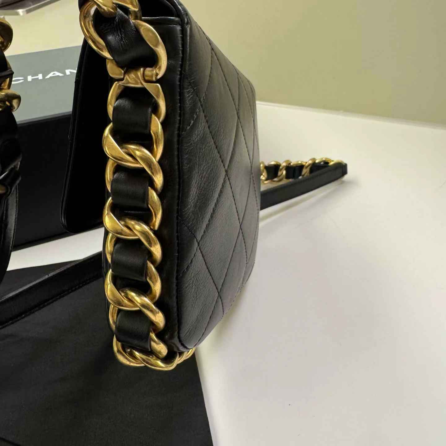 Pre-owned Certified Chanel Framing Chain Flap Black Calfskin Golden Hardware, 2024 Microchipped, w/ Full Set