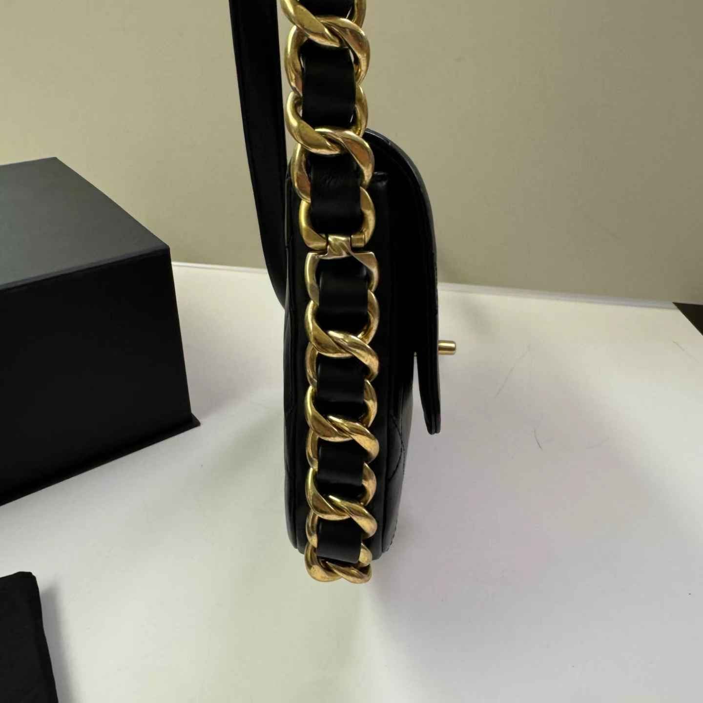 Pre-owned Certified Chanel Framing Chain Flap Black Calfskin Golden Hardware, 2024 Microchipped, w/ Full Set