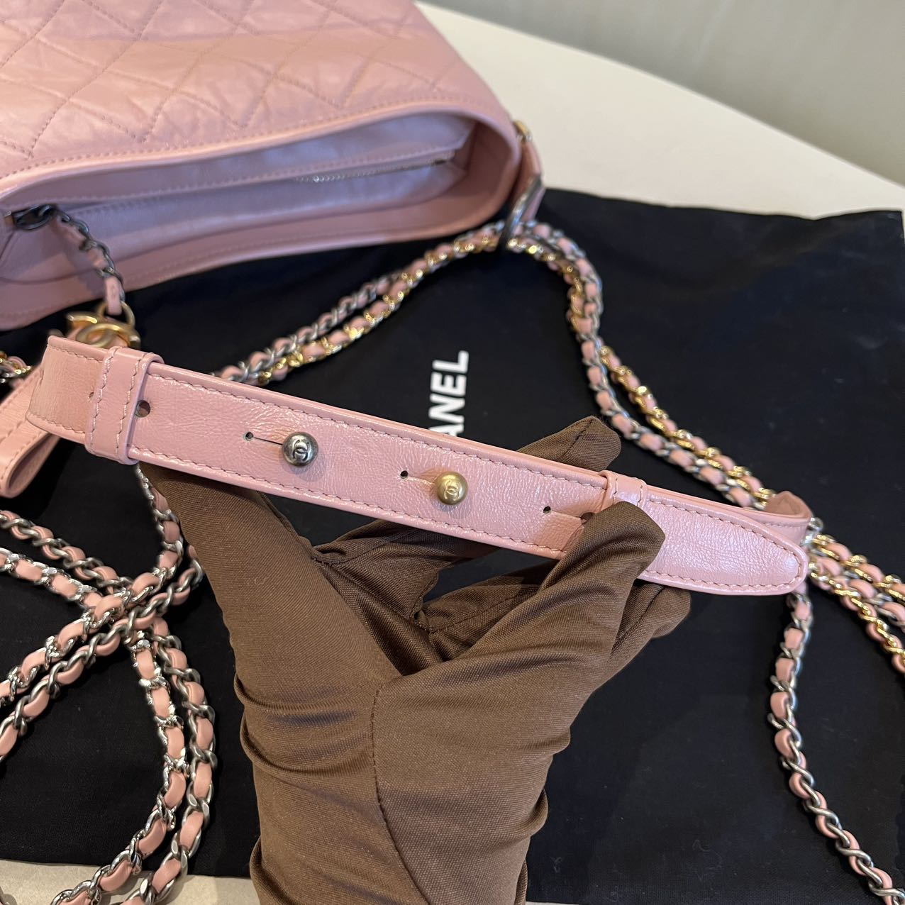 Pre-owned Certified Chanel Gabrielle Hobo Small Sakura Pink Aged Calfskin, mid-2019, w/ Full Set - Chanel box, dust bag, Chanel card