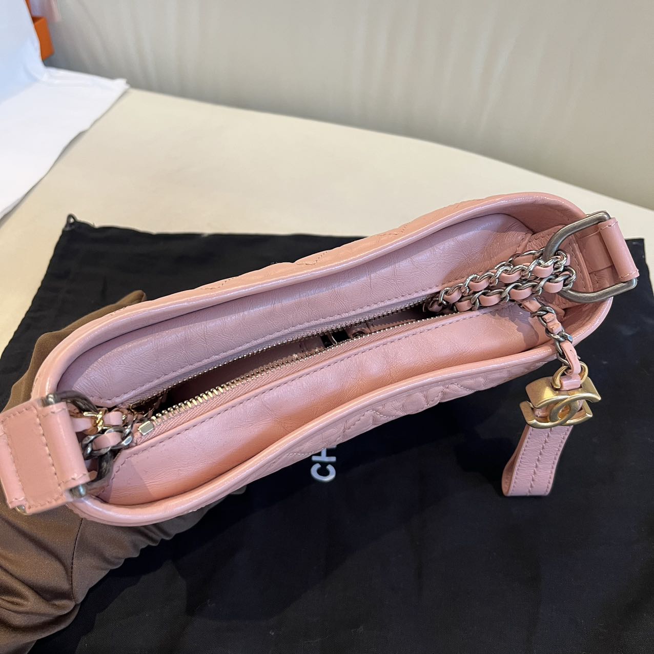 Pre-owned Certified Chanel Gabrielle Hobo Small Sakura Pink Aged Calfskin, mid-2019, w/ Full Set - Chanel box, dust bag, Chanel card