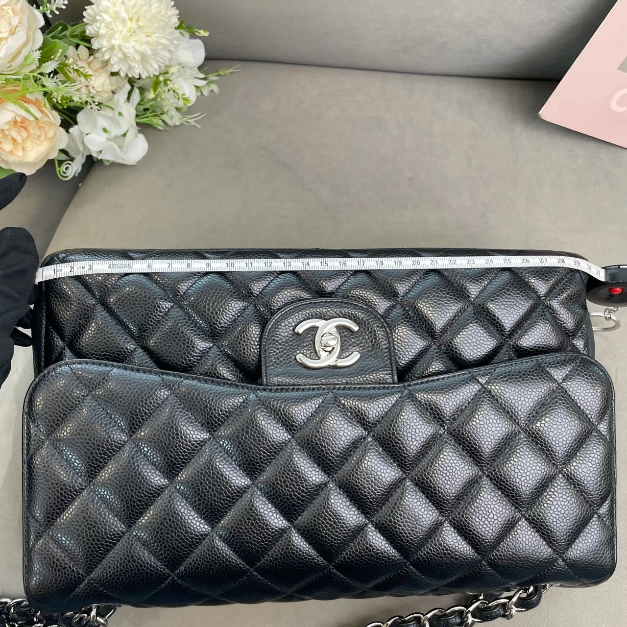 Pre-owned Certified Chanel Jumbo CF Double Classic Flap in Black Caviar Leather with Silver Hardware, 2012-2013, w/ Full Set