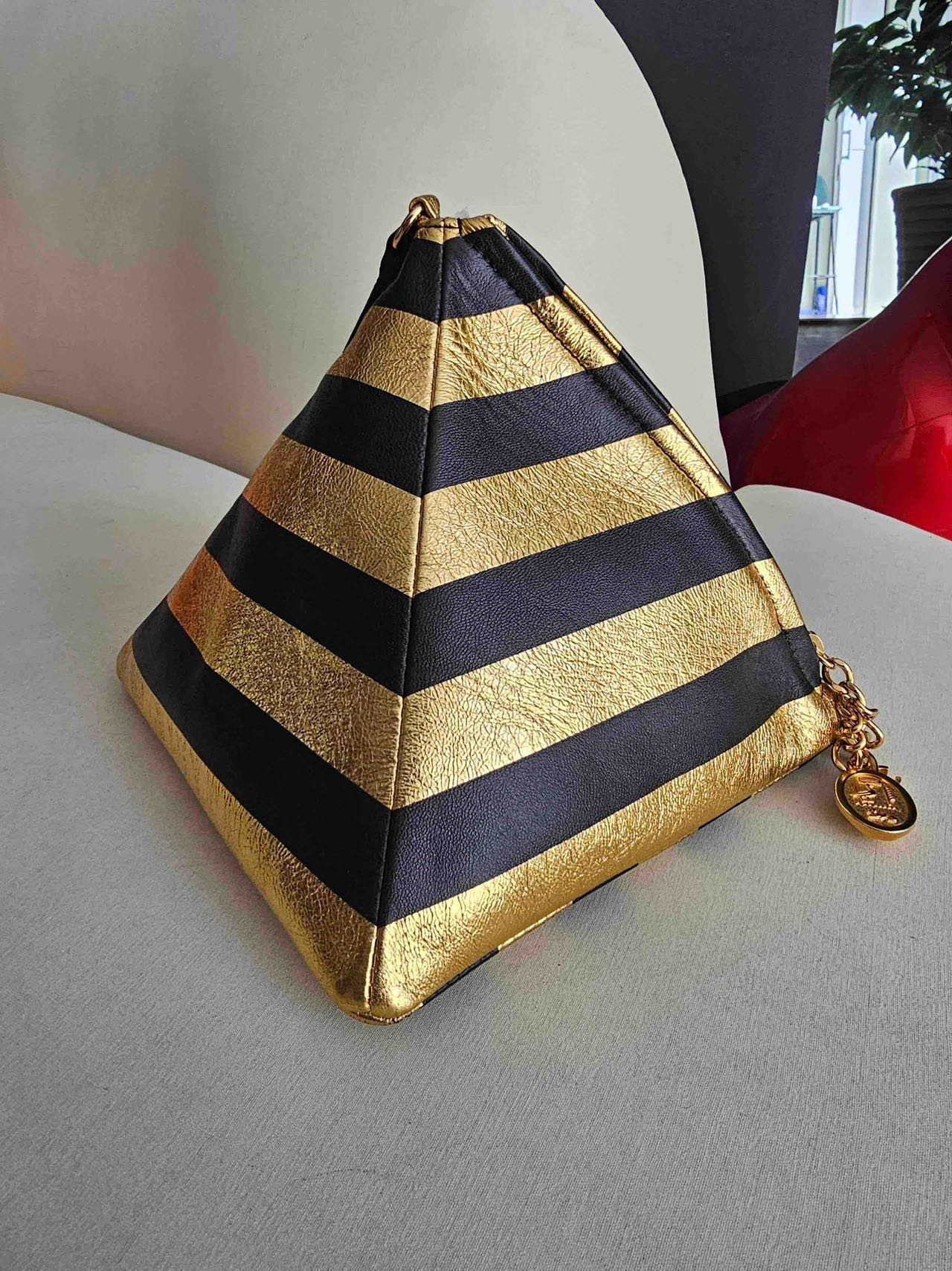Pre-owned Certified Chanel Kheops Pyramid Bag in Gold and Black Lambksin with Golden Hardware, 2019 pre-fall, w/ card, dust bag