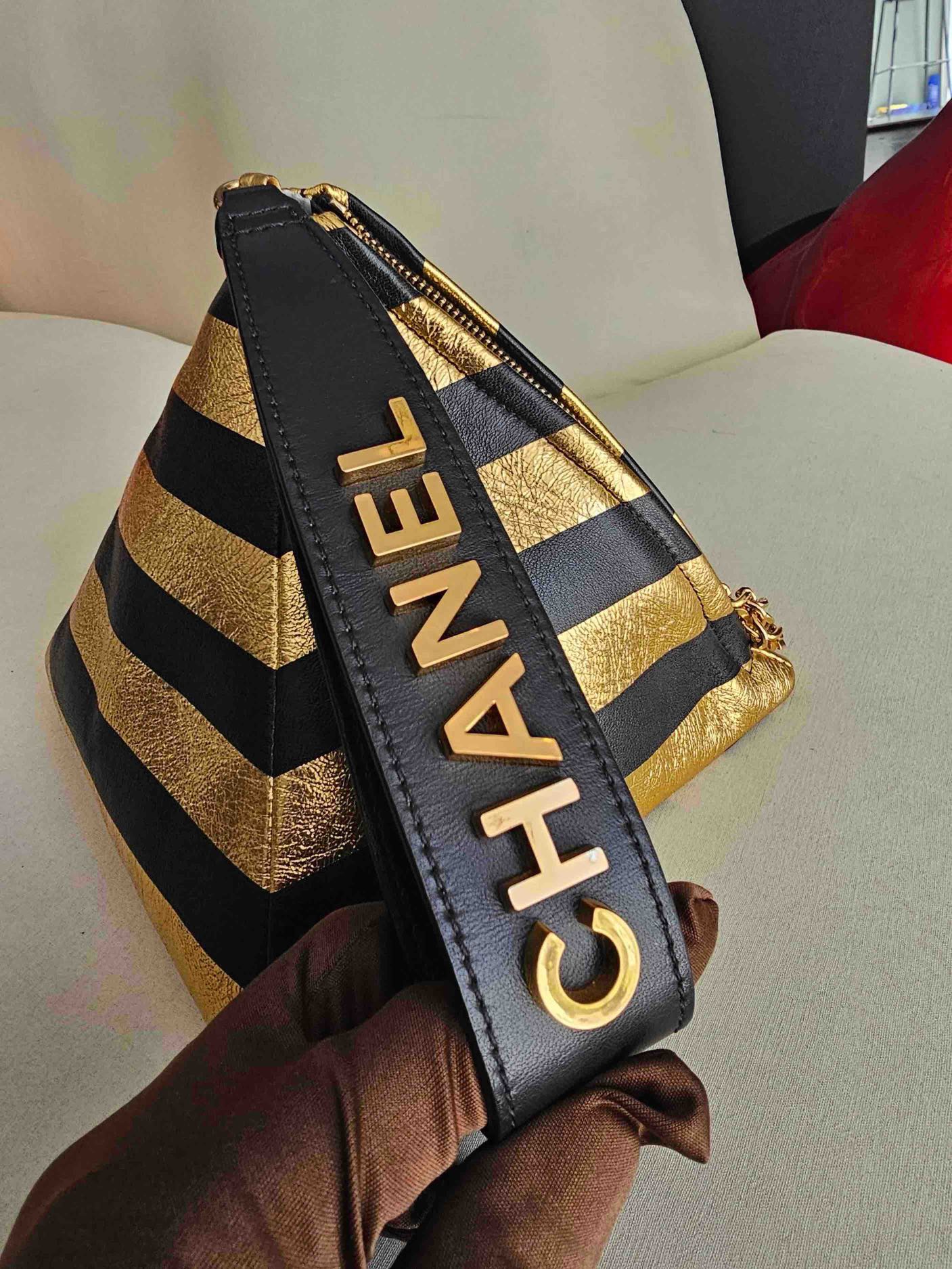 Pre-owned Certified Chanel Kheops Pyramid Bag in Gold and Black Lambksin with Golden Hardware, 2019 pre-fall, w/ card, dust bag