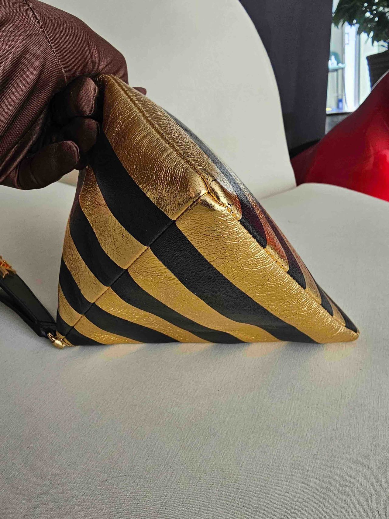 Pre-owned Certified Chanel Kheops Pyramid Bag in Gold and Black Lambksin with Golden Hardware, 2019 pre-fall, w/ card, dust bag
