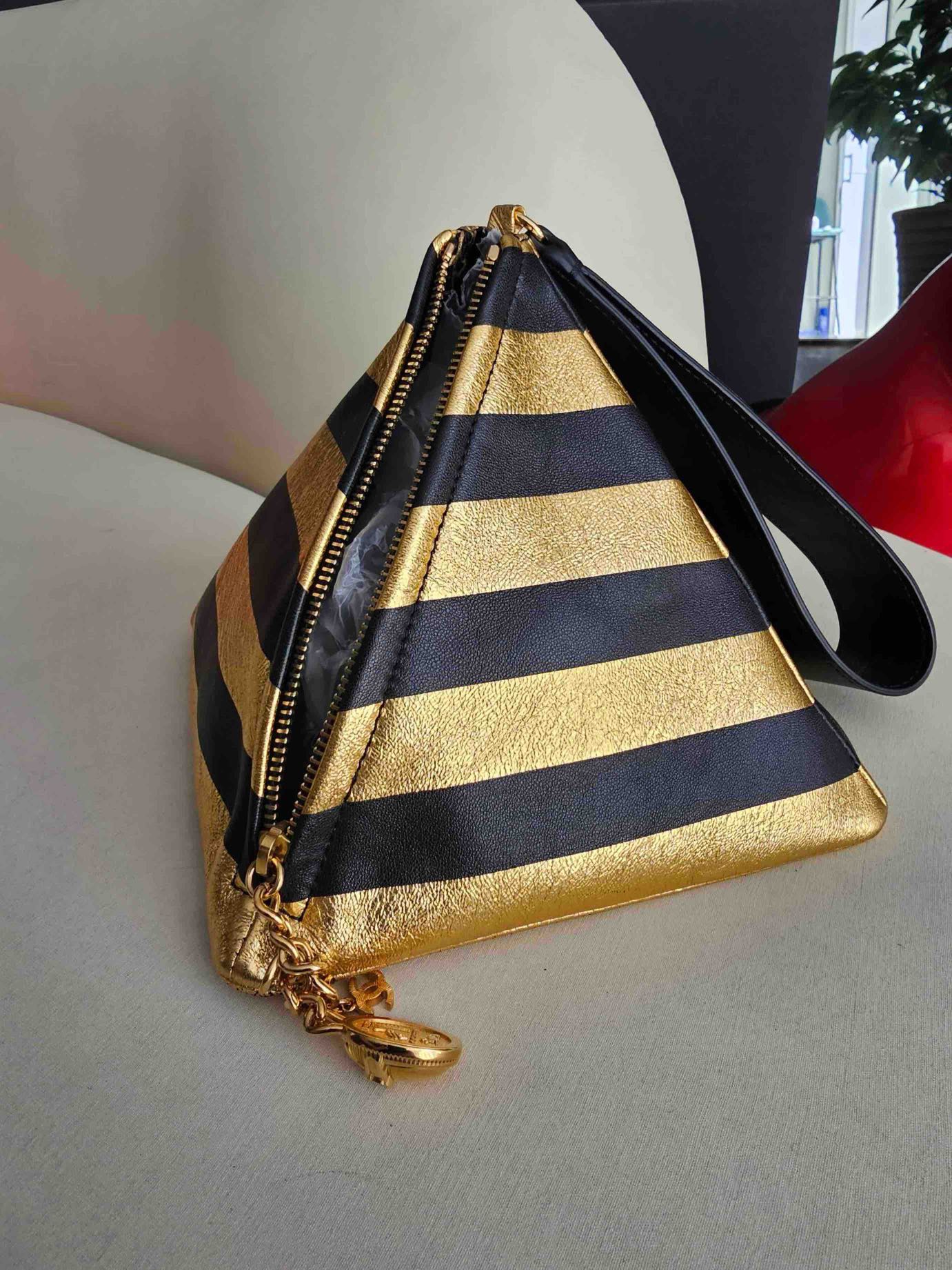 Pre-owned Certified Chanel Kheops Pyramid Bag in Gold and Black Lambksin with Golden Hardware, 2019 pre-fall, w/ card, dust bag
